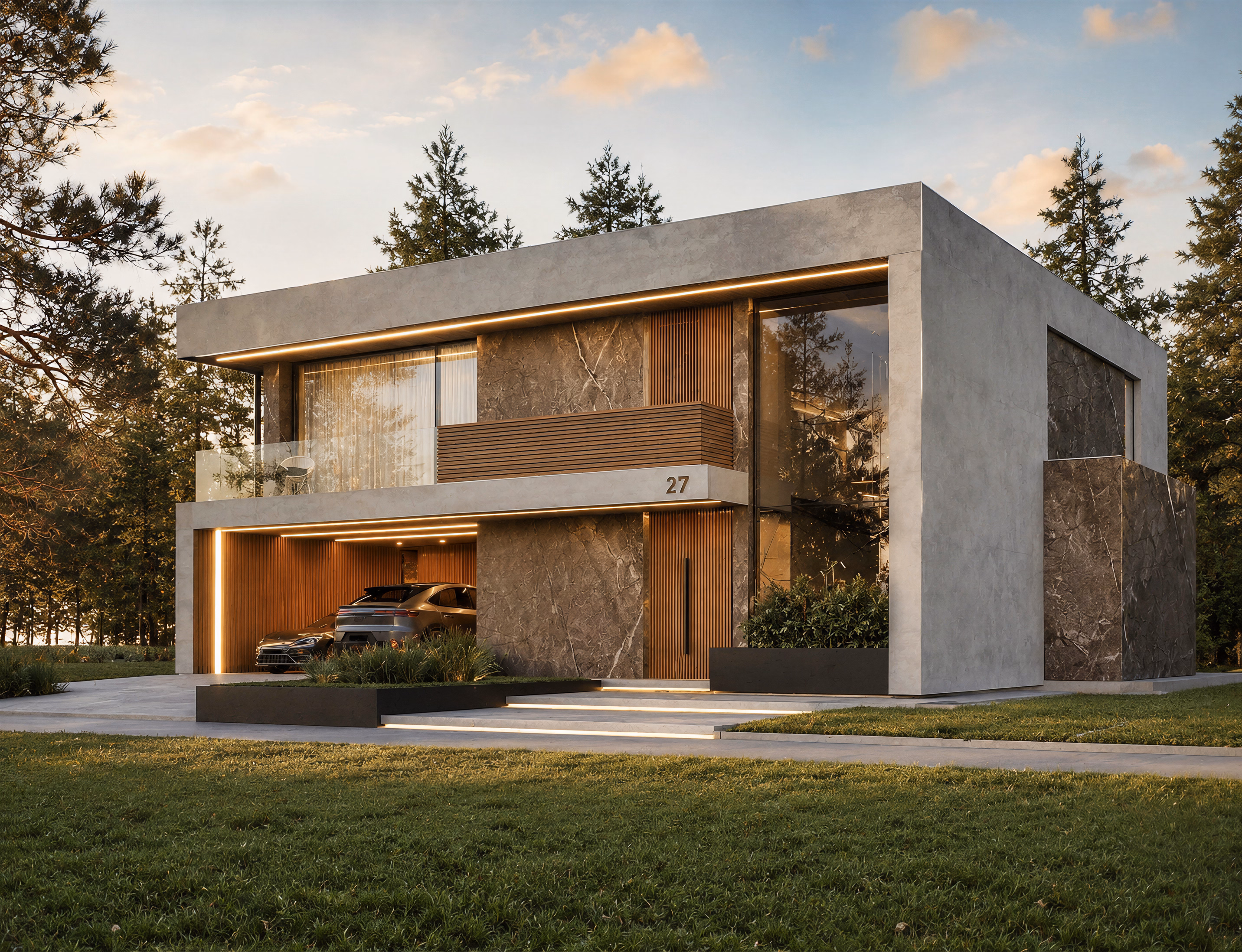 AD House arhitectură minimalistă – fațadă piatră și suprafețe vitrate, Arhitectură rezidențială premium Iconic Desing