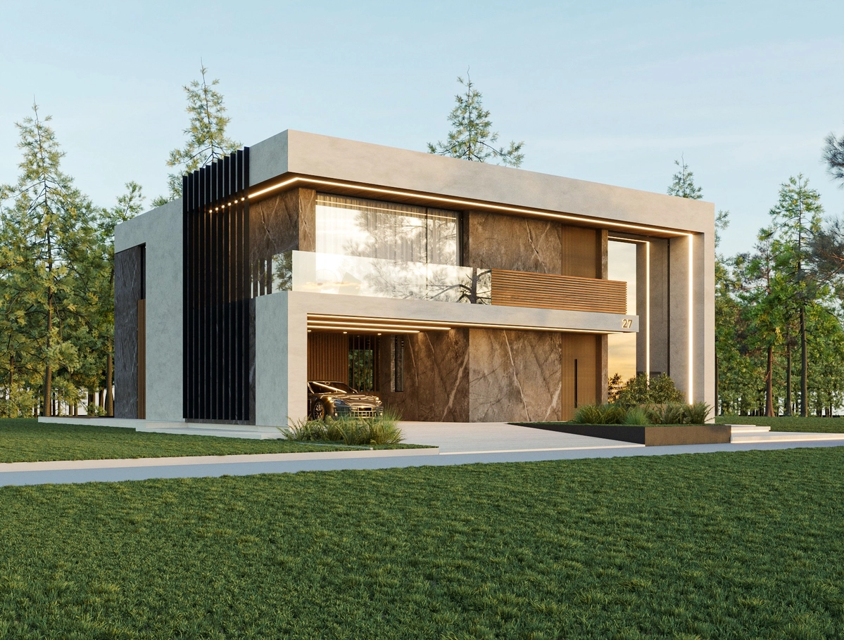 AD House arhitectură – volume intersectate cu accente metal și lemn