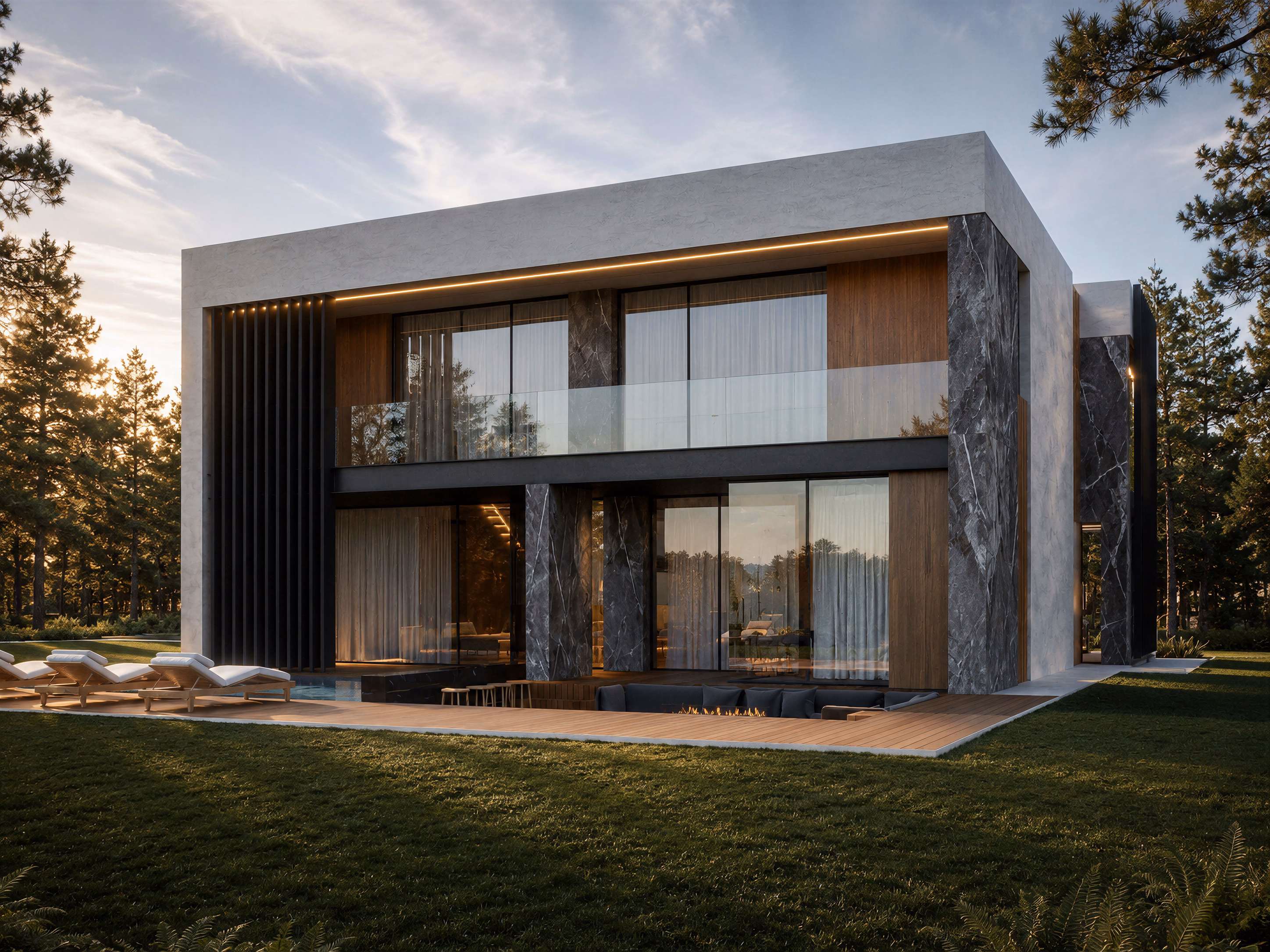 AD House arhitectură minimalistă – fațadă piatră și suprafețe vitrate, Arhitectură rezidențială premium Iconic Desing