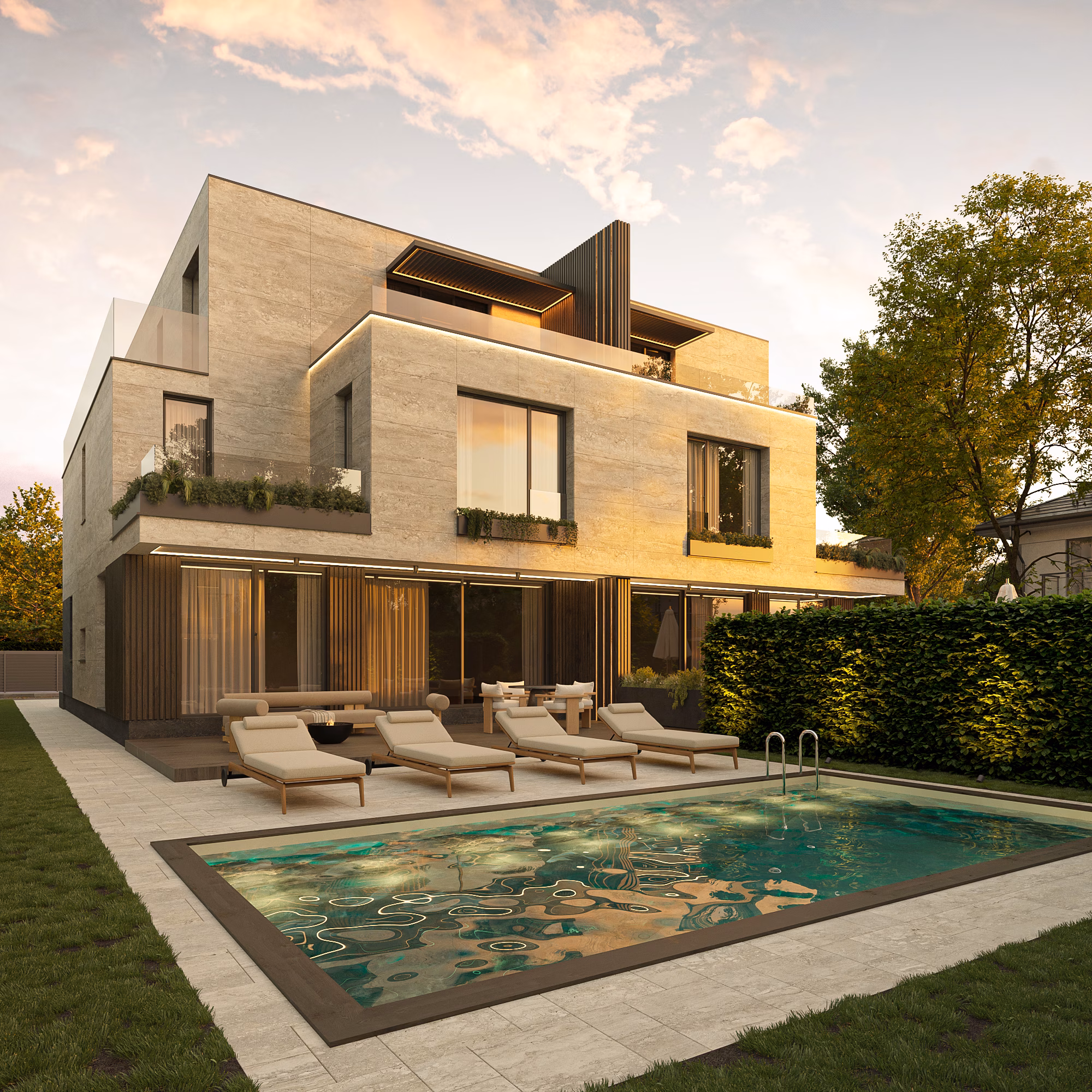 Băneasa Signature Villas arhitectură – terasă exterioară, Arhitectură rezidențială București