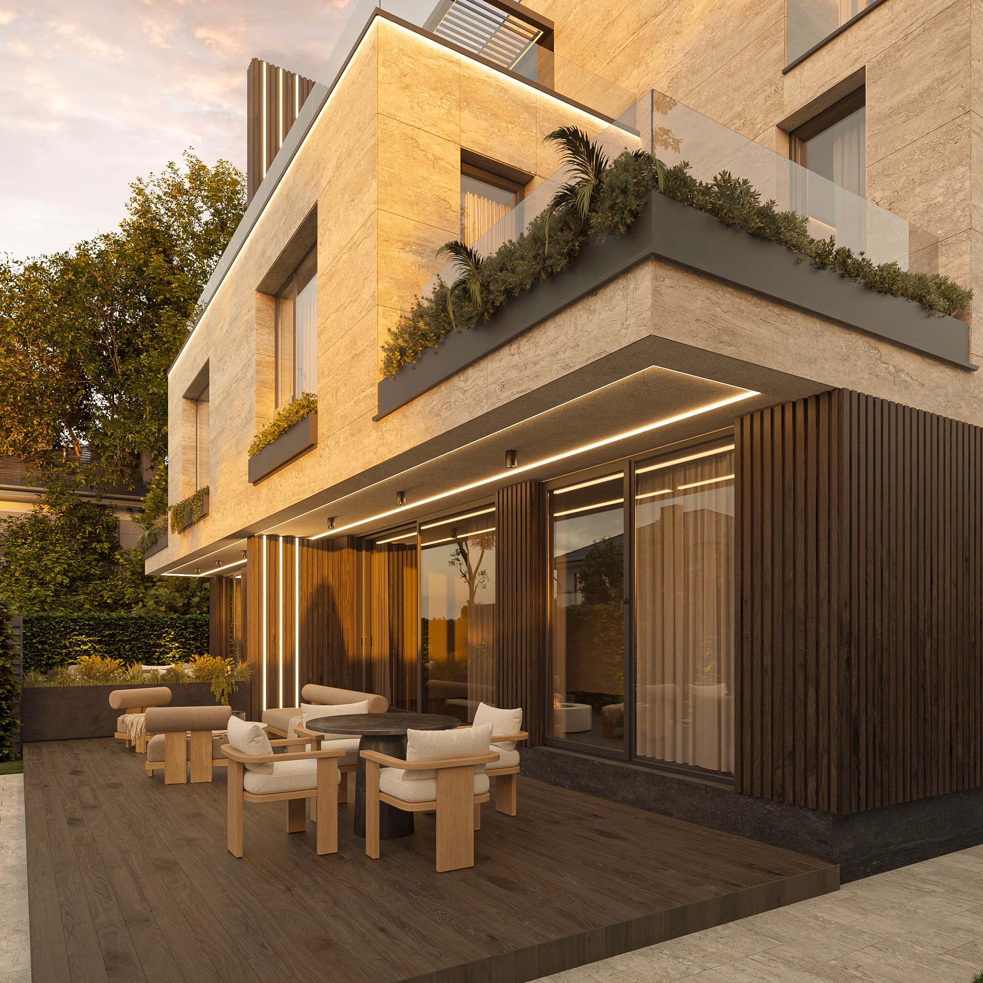 Băneasa Signature Villas arhitectură – detaliu materiale fațadă, Arhitectură rezidențială București