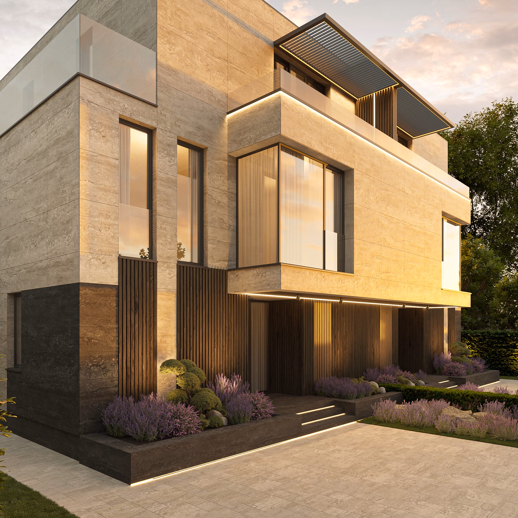 Băneasa Signature Villas arhitectură – detaliu suprafețe vitrate, Arhitectură rezidențială București