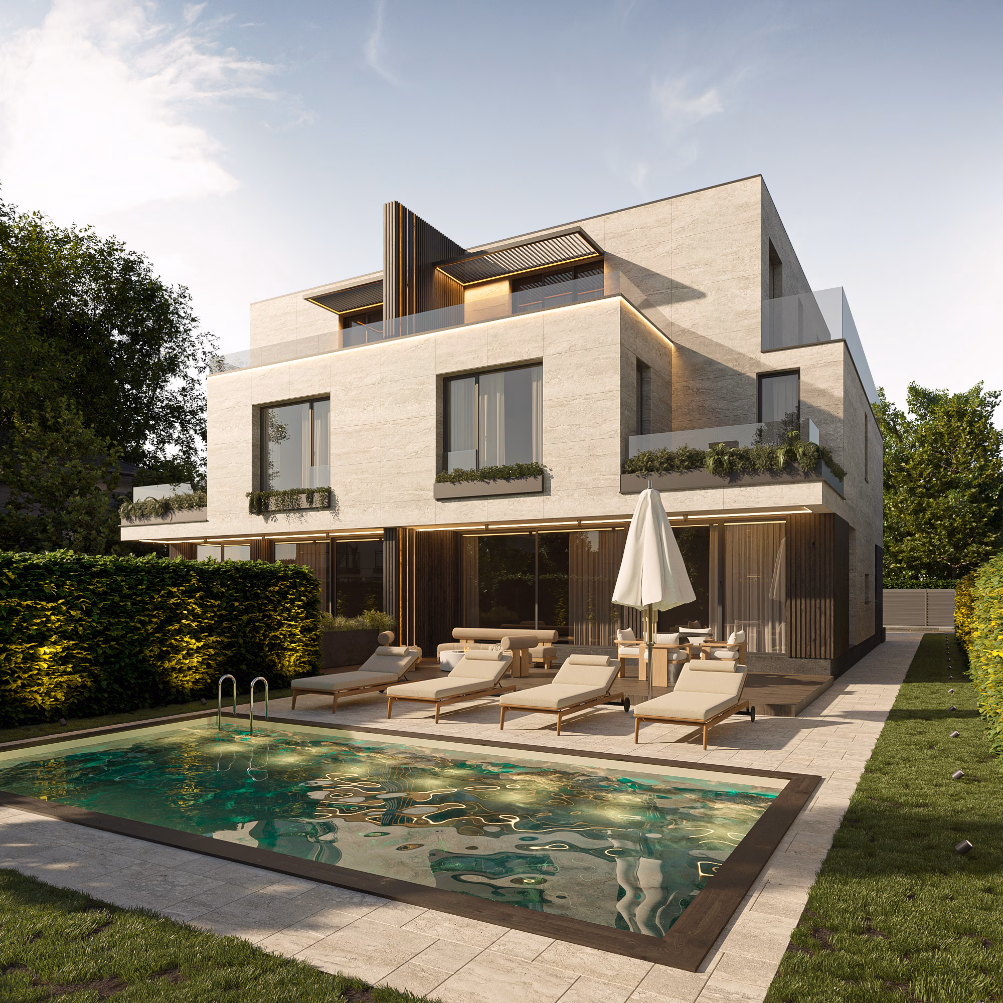 Băneasa Signature Villas arhitectură – vedere noapte iluminat arhitectural, Arhitectură rezidențială București