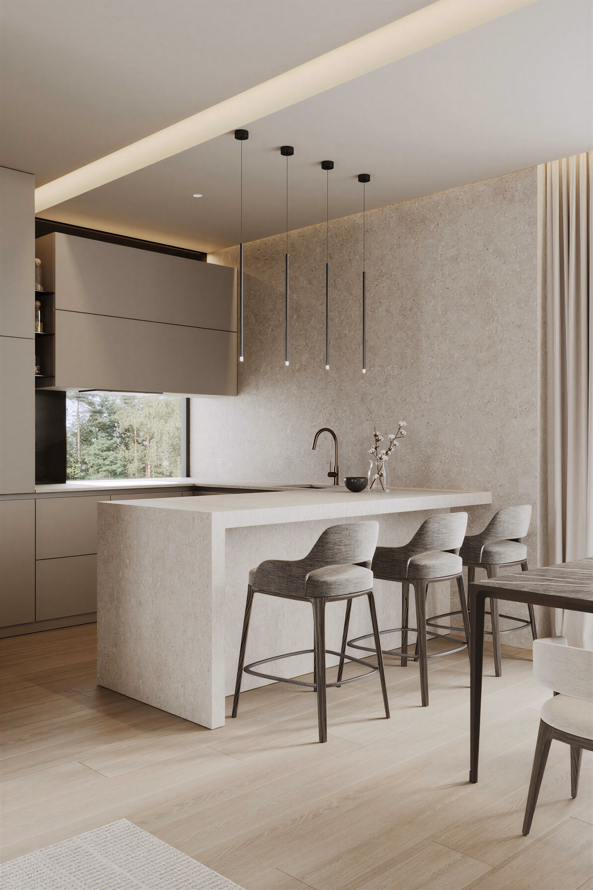 Cherry and Stone House design interior – detaliu lemn cireș și piatră calcar, Design interior premium, desing interior minimalist București