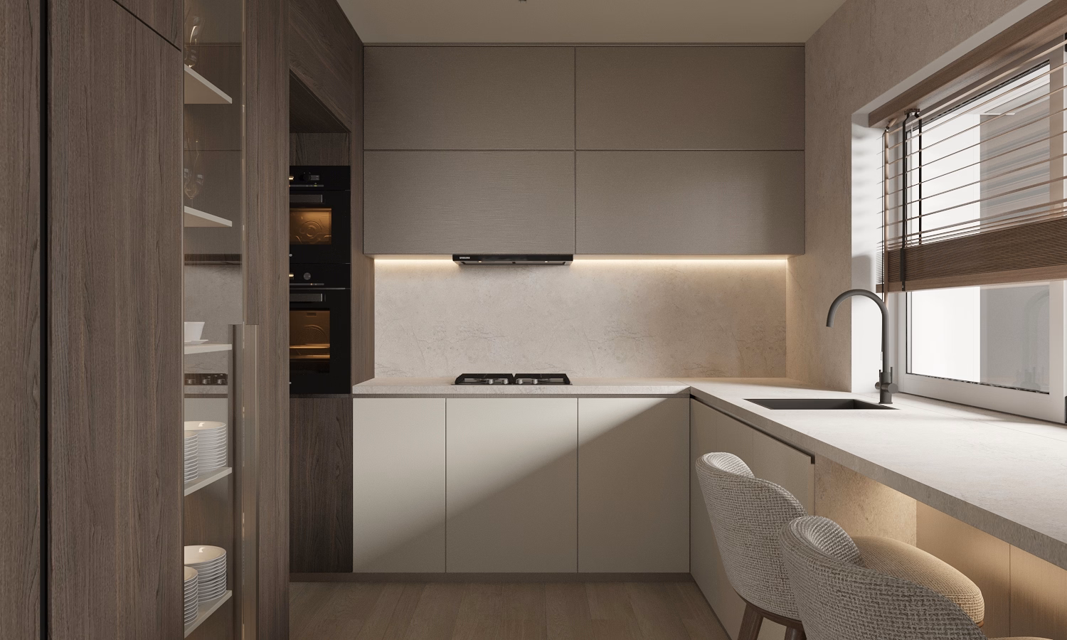 Cognac Penthouse design interior – draperii full-height, Design interior penthouse București, design interior minimalist București