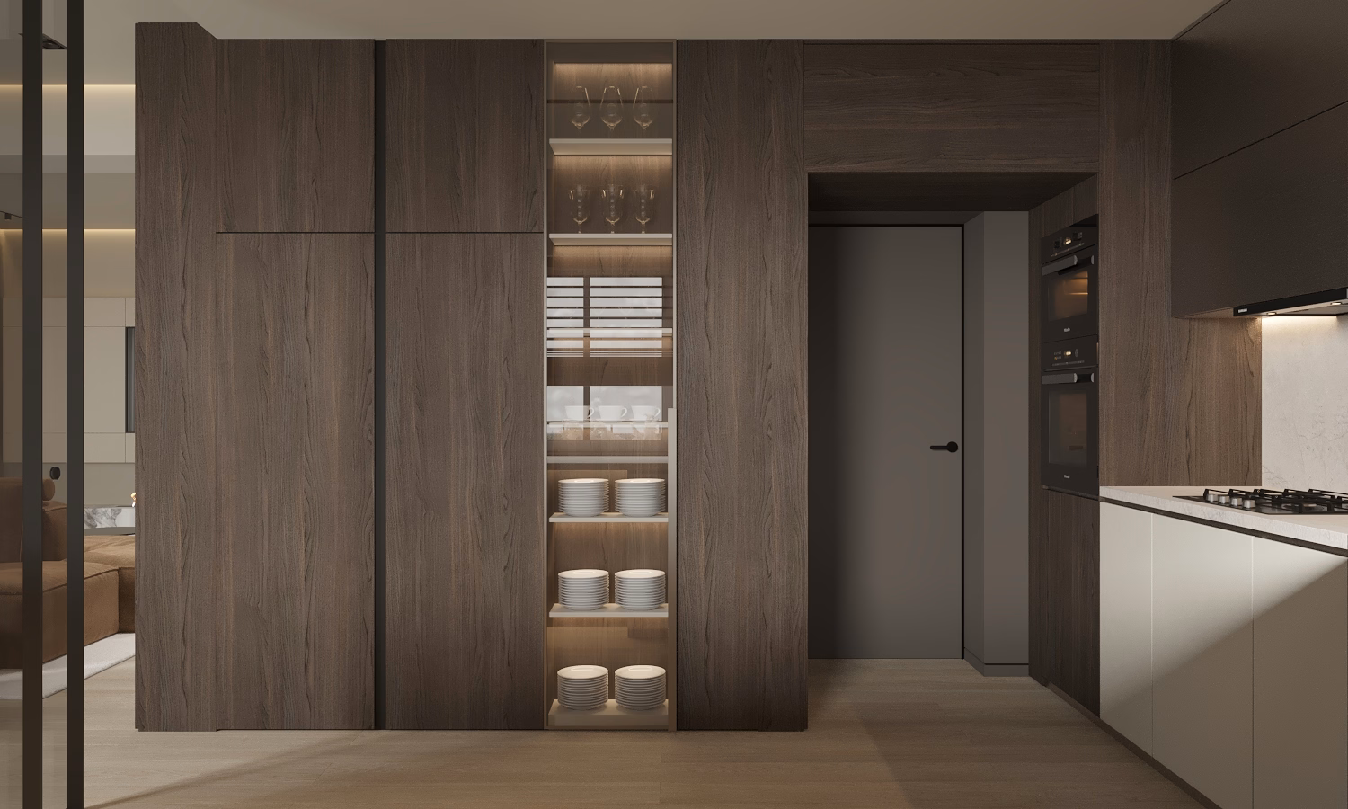 Cognac Penthouse design interior – hol intrare, Design interior penthouse București, design interior minimalist București