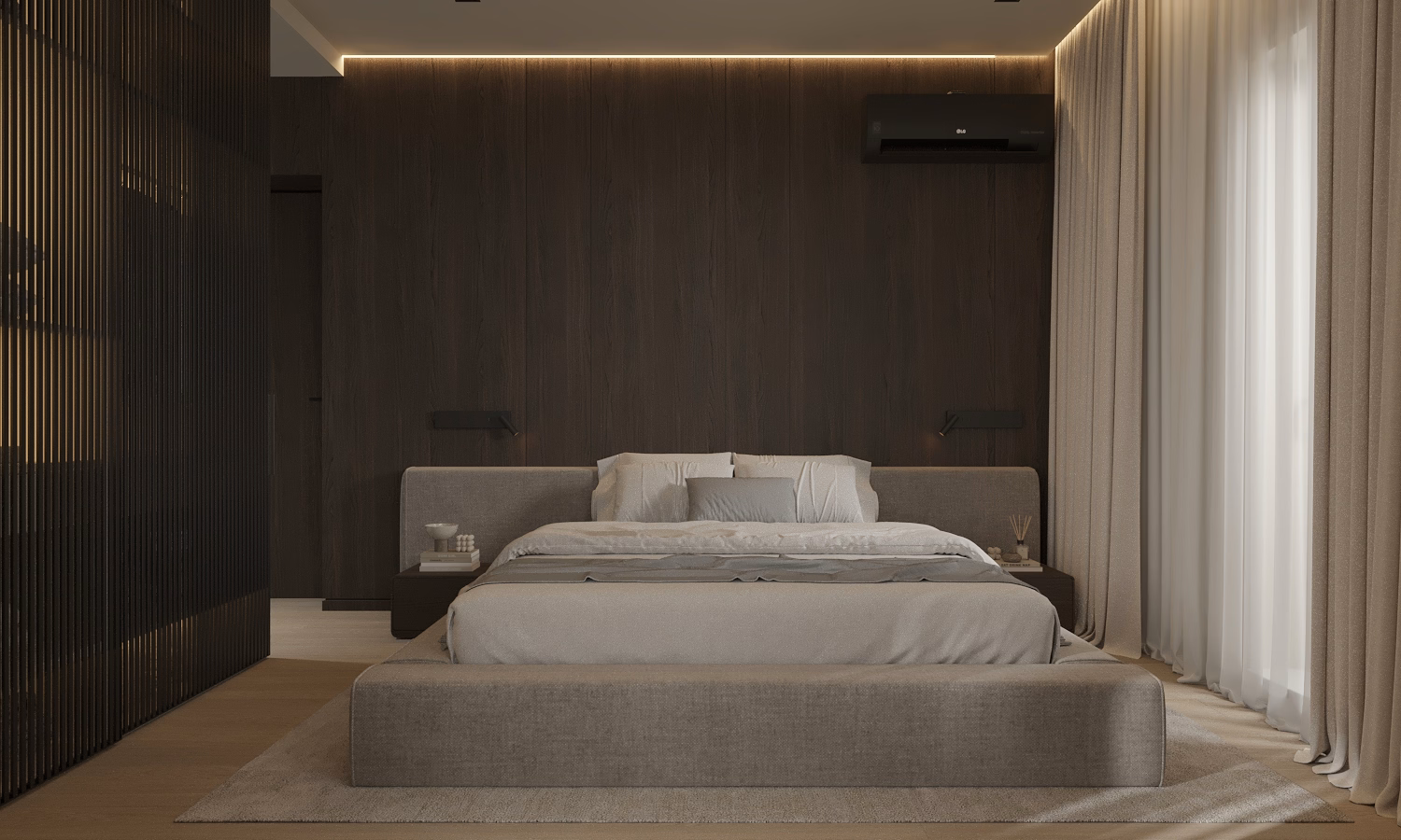 Cognac Penthouse design interior – texturi naturale, Design interior penthouse București, design interior minimalist București