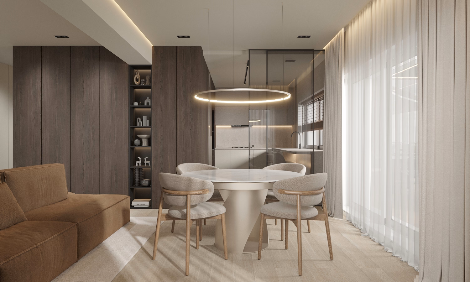 Cognac Penthouse design interior – living room, Design interior penthouse București, design interior minimalist București