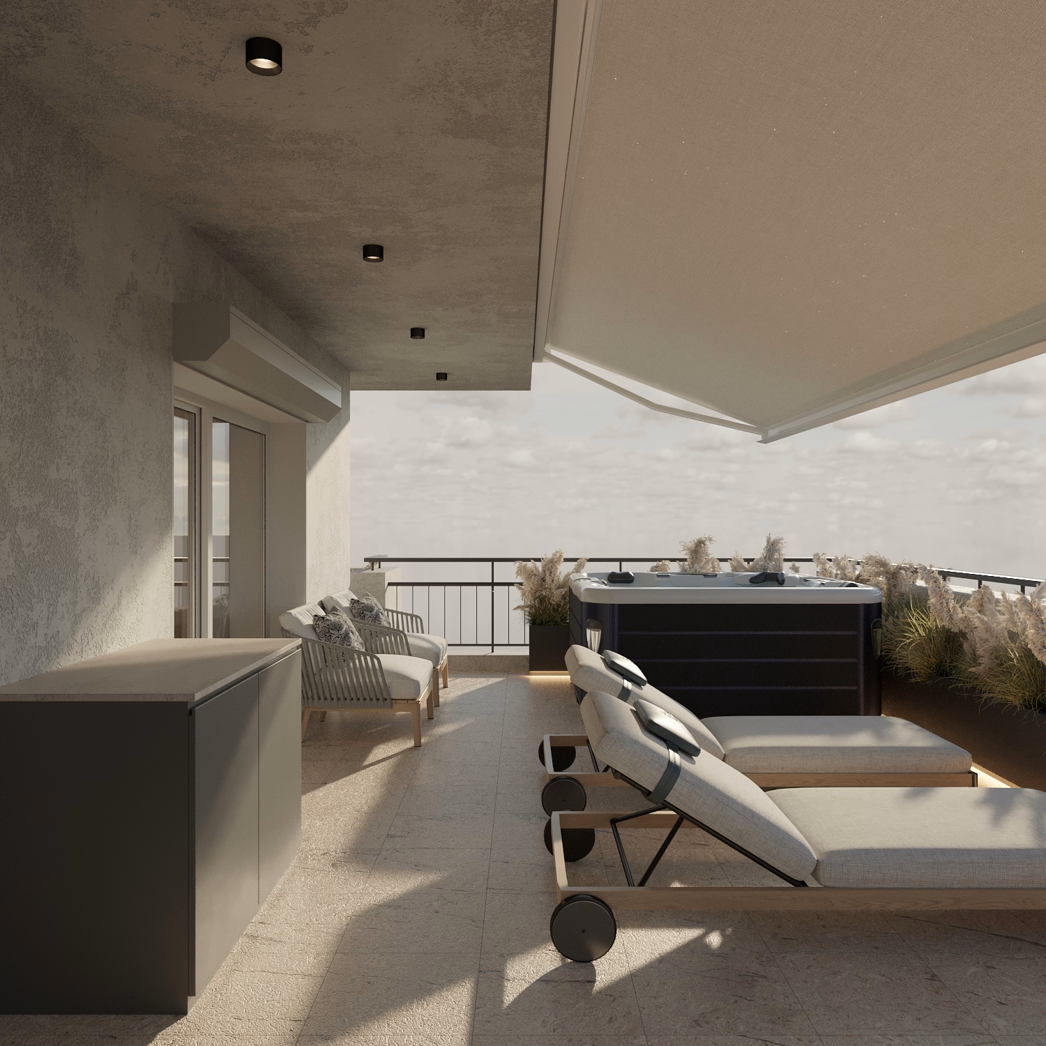 Cognac Penthouse design interior – colț lectură, Design interior penthouse București, design interior minimalist București