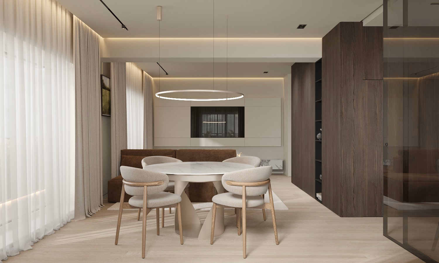 Cognac Penthouse design interior – detaliu lemn cognac și piele naturală, Design interior penthouse București, design interior minimalist București