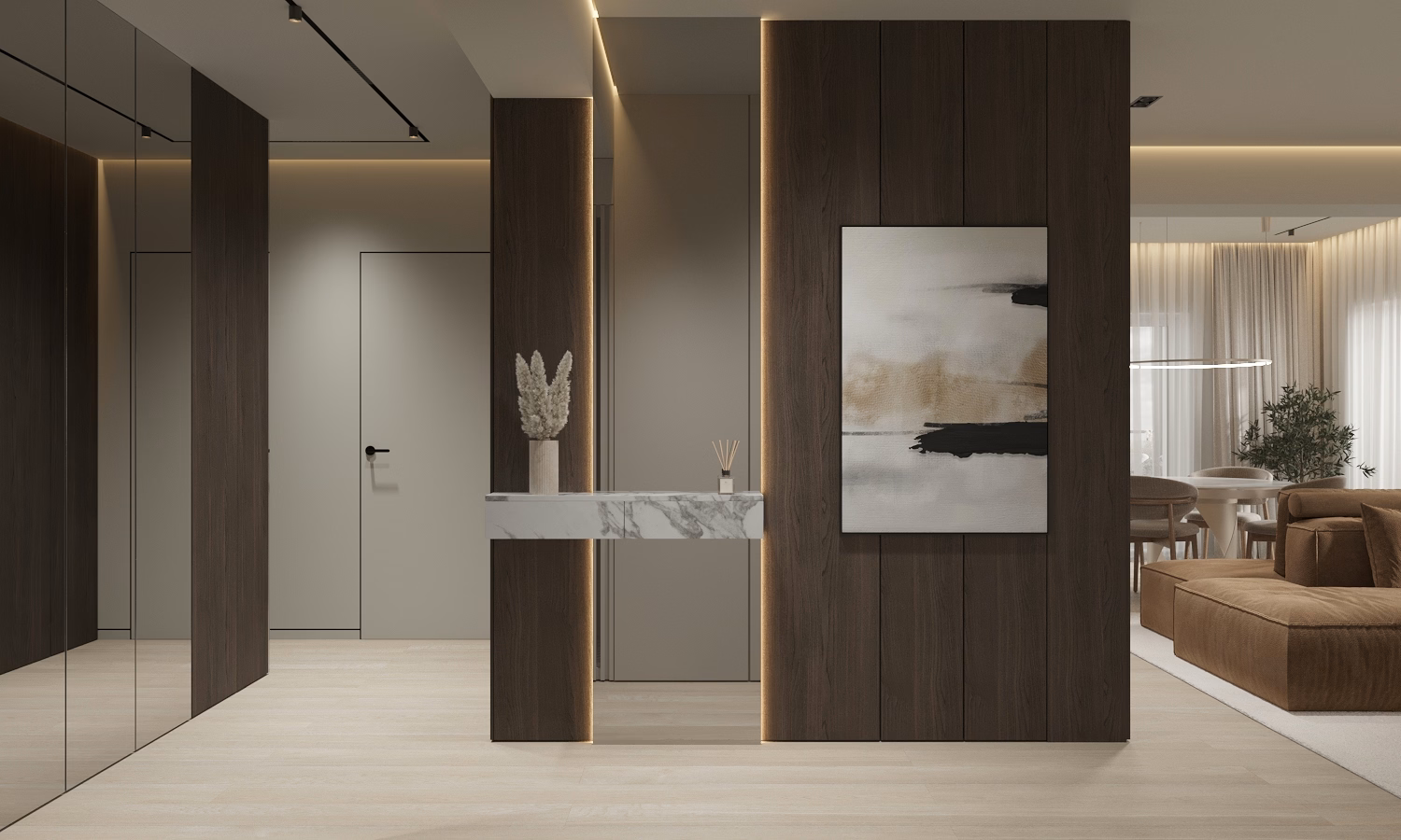 Cognac Penthouse design interior – dormitor principal, Design interior penthouse București, design interior minimalist București