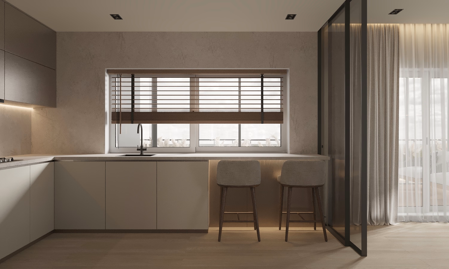 Cognac Penthouse design interior – geamuri panoramice, Design interior penthouse București, design interior minimalist București