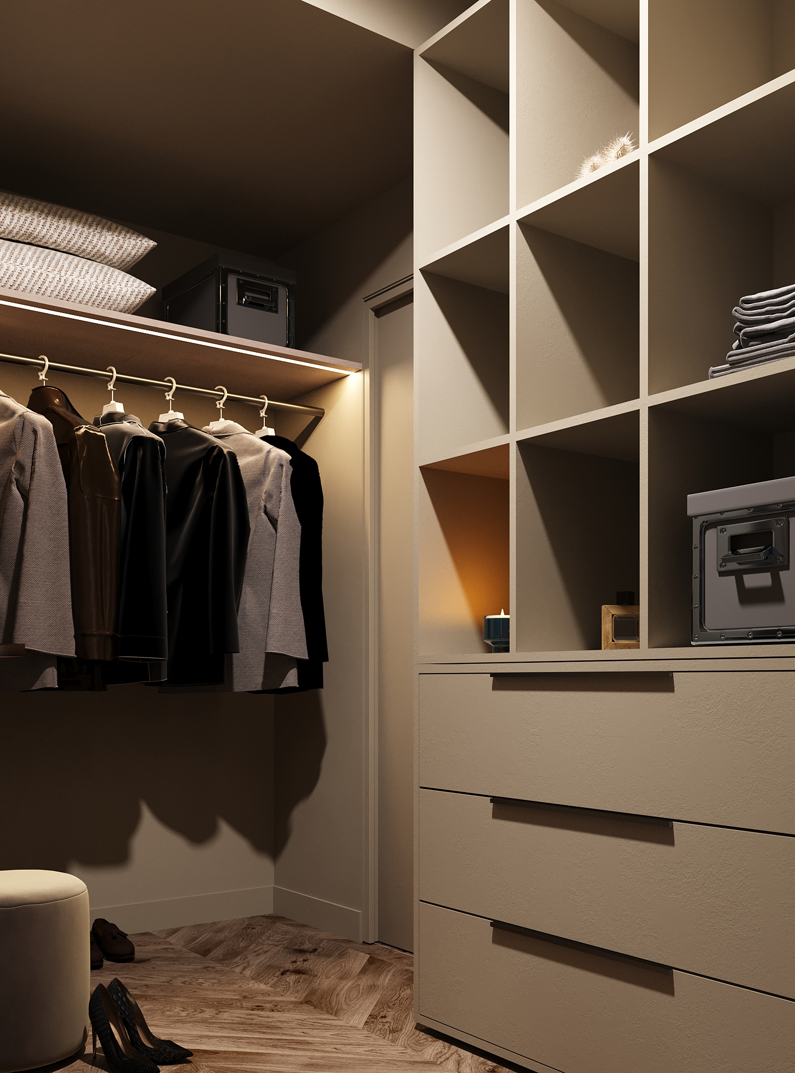 Dark Minimalist Apartment design interior – hol cu oglindă fumurie
