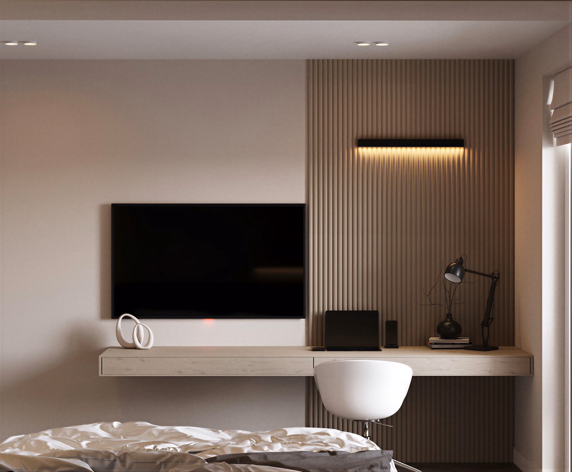 Dark Minimalist Apartment design interior – vedere finală living seară, Design interior premium, desing interior minimalist București