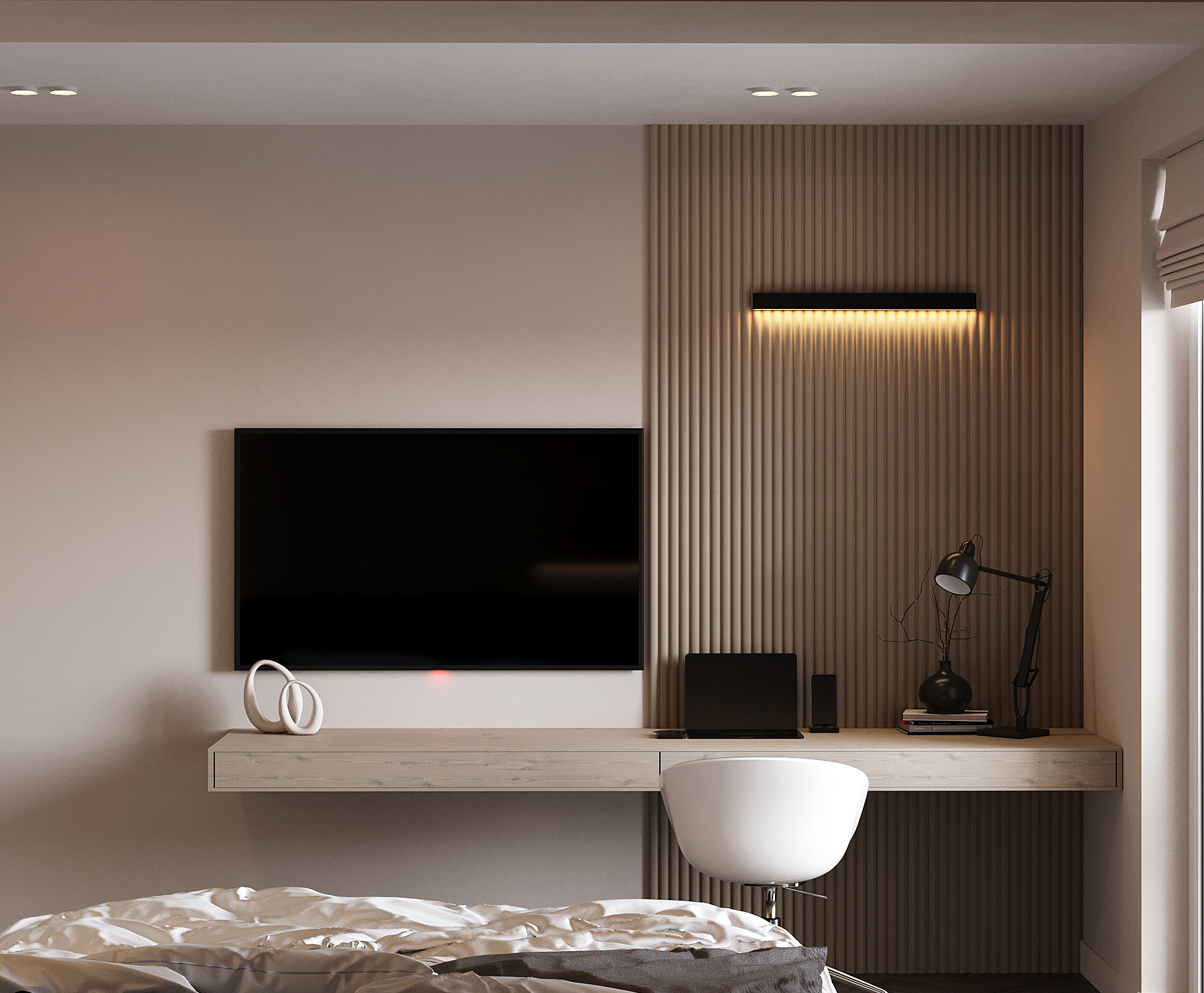 Dark Minimalist Apartment design interior – vedere finală living seară