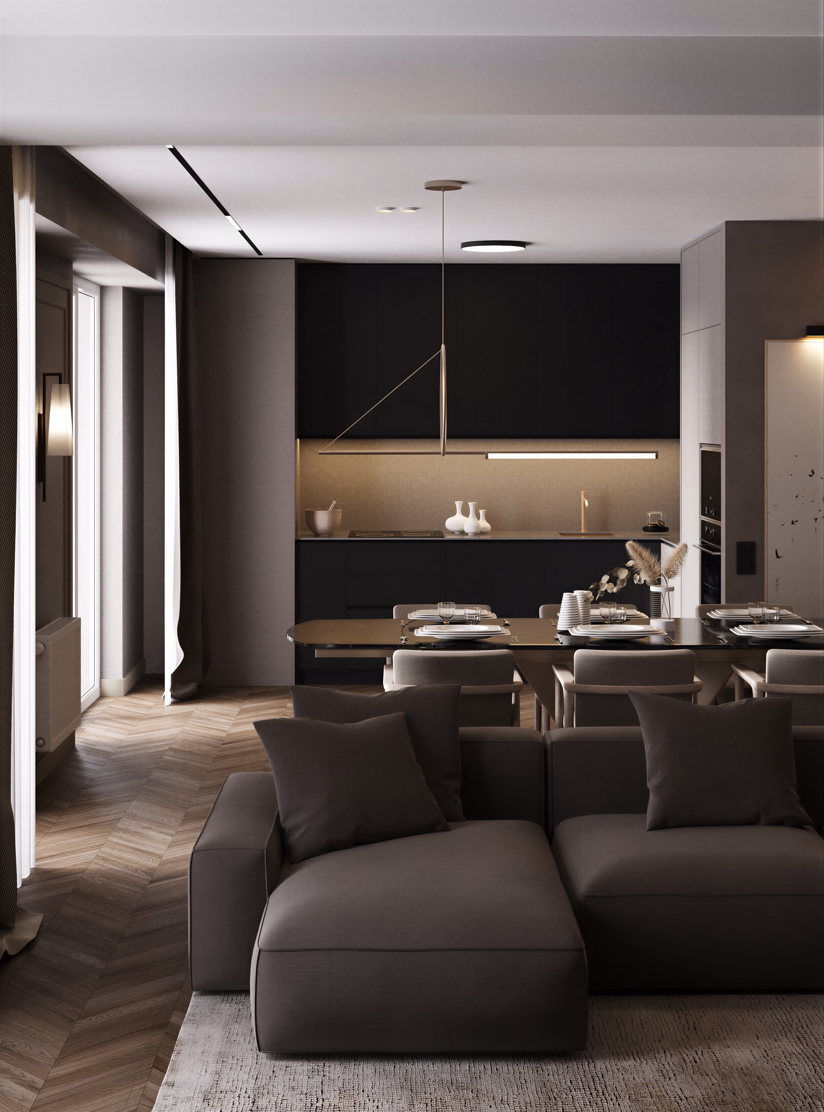 Dark Minimalist Apartment design interior – canapea antracit și parchet herringbone, Design interior premium, desing interior minimalist București