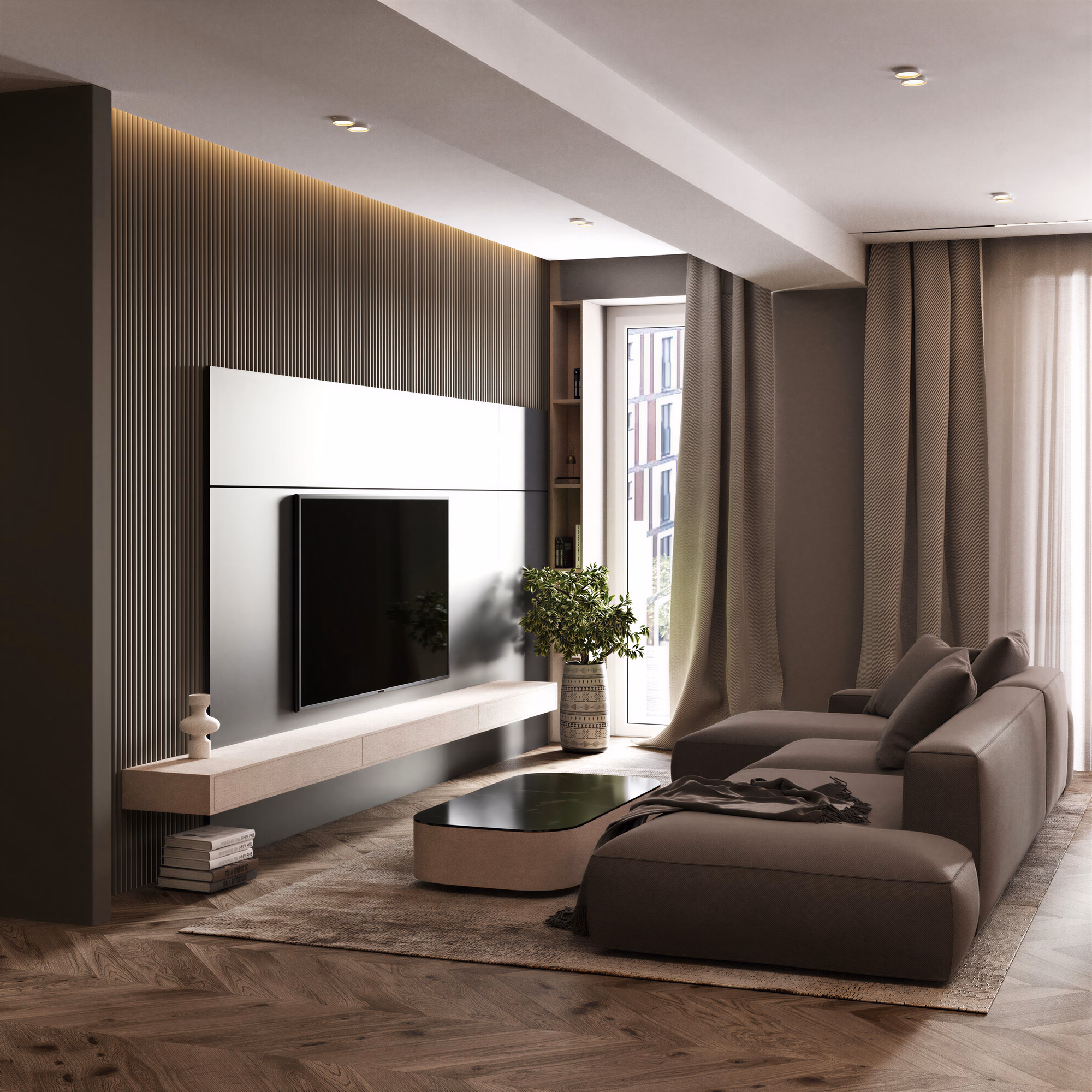 Dark Minimalist Apartment design interior – mobilier customizat linii curate, Design interior premium, desing interior minimalist București