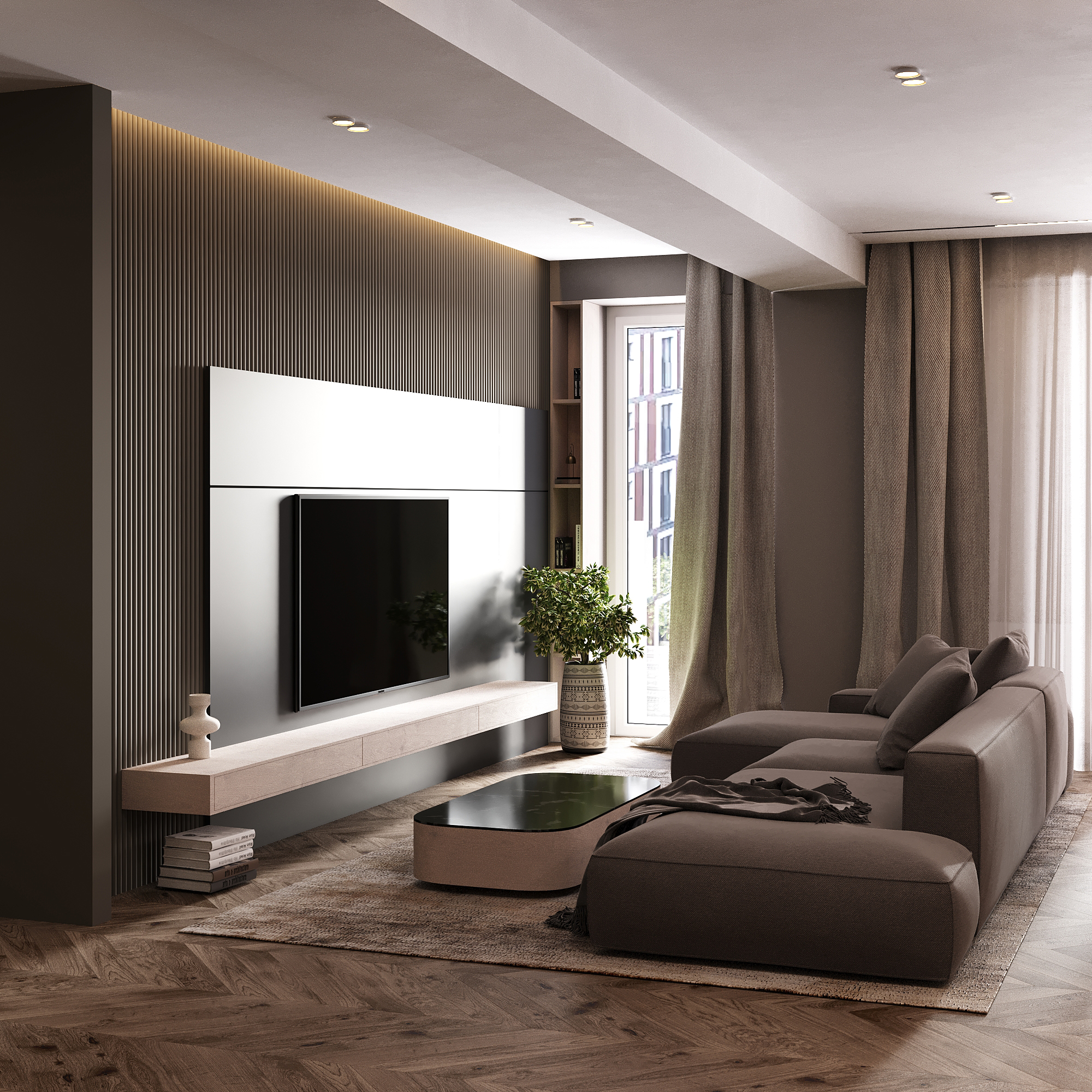 Dark Minimalist Apartment design interior – mobilier customizat linii curate