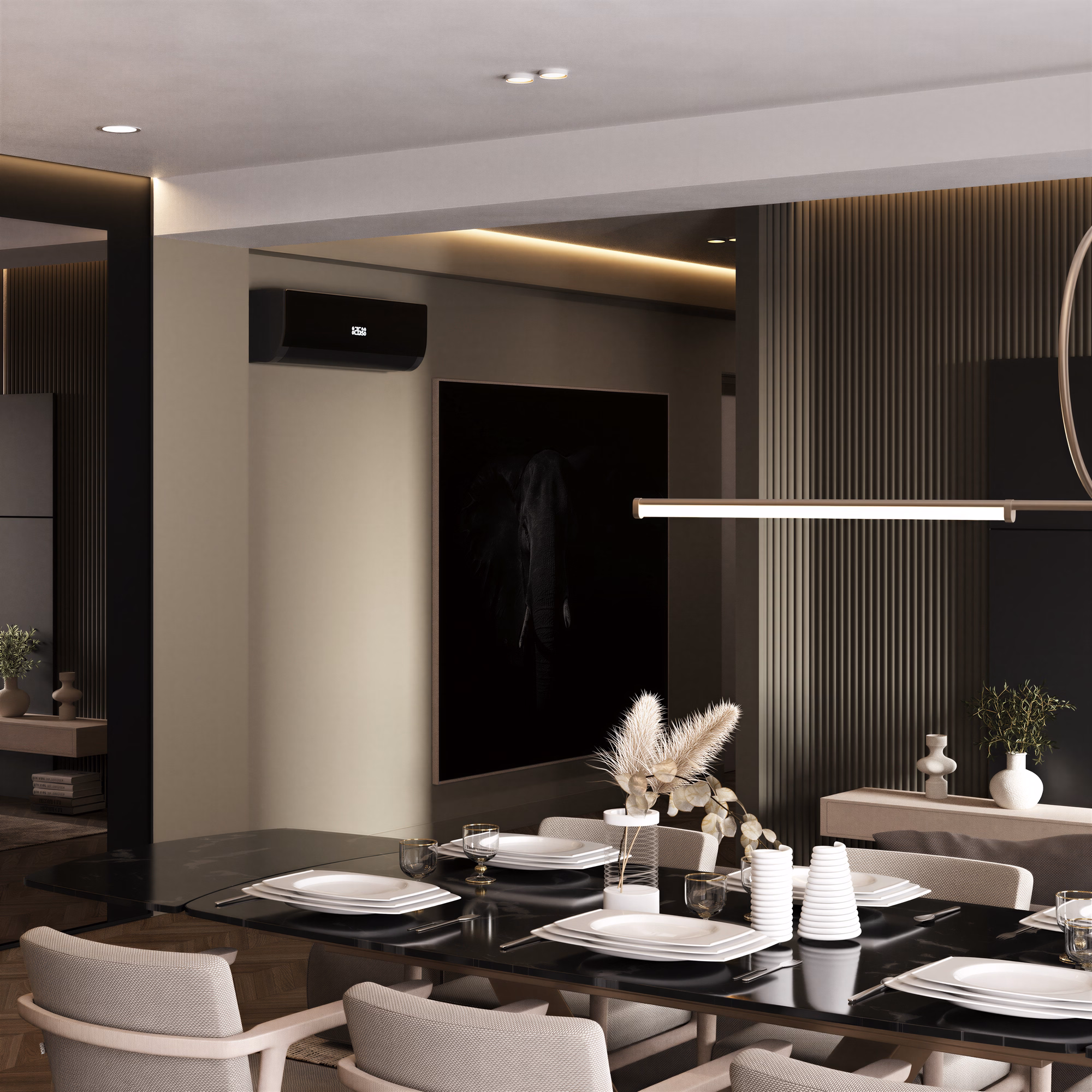 Dark Minimalist Apartment design interior – geamuri panoramice lumină naturală, Design interior premium, desing interior minimalist București