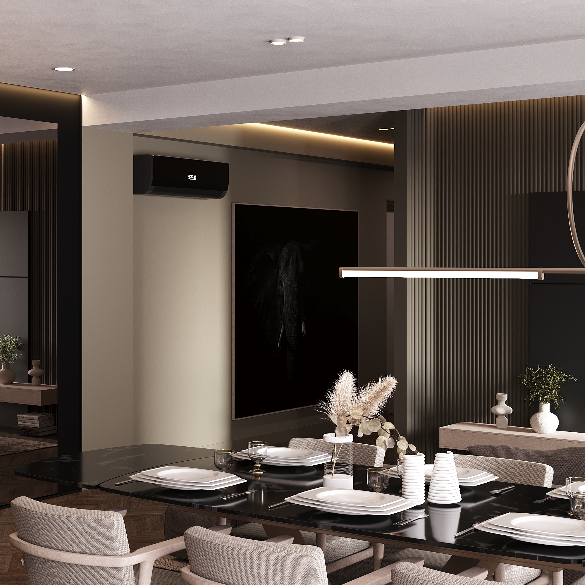 Dark Minimalist Apartment design interior – geamuri panoramice lumină naturală