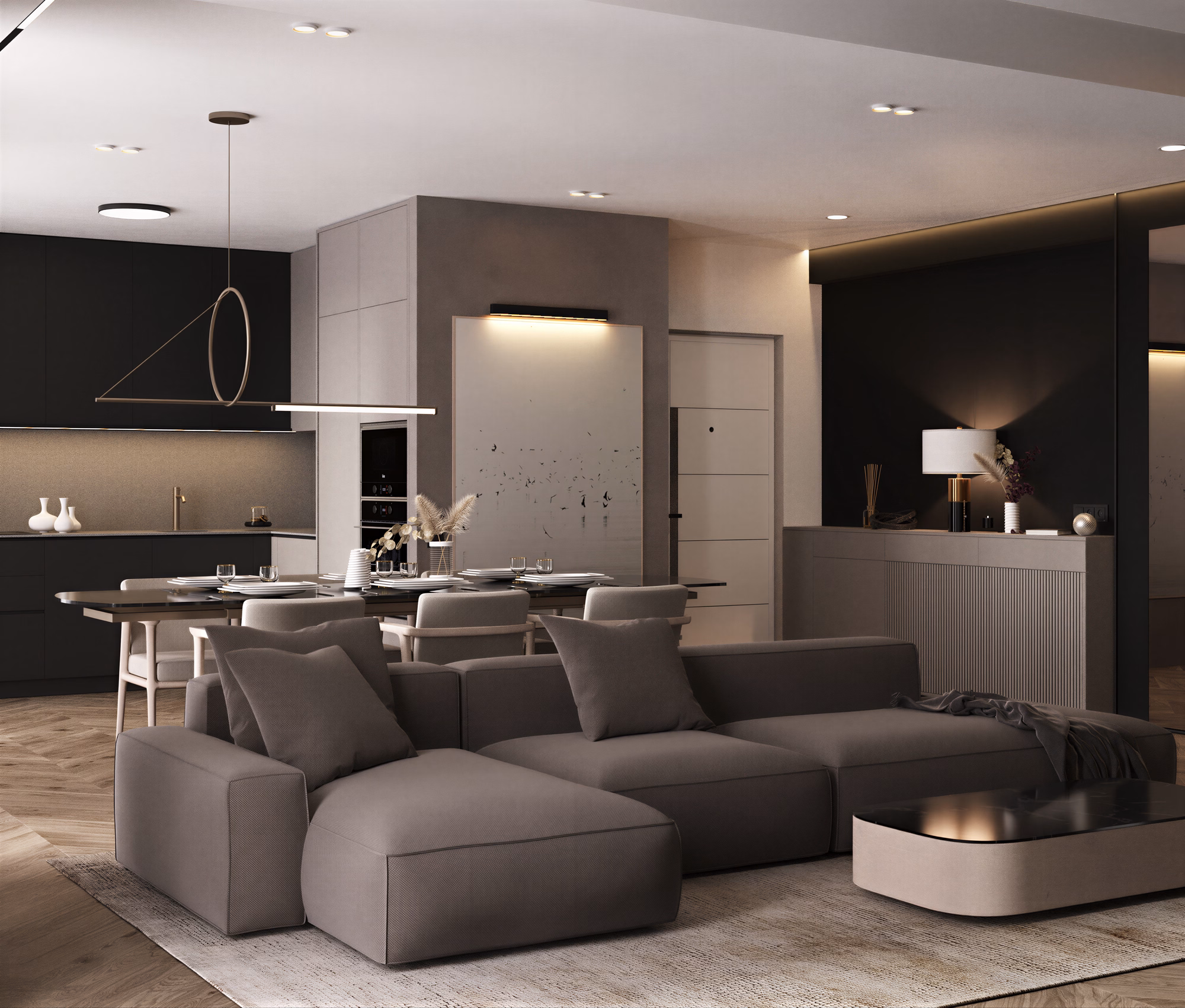 Dark Minimalist Apartment design interior – riflaj flute verde pastel perete, Design interior premium, desing interior minimalist București
