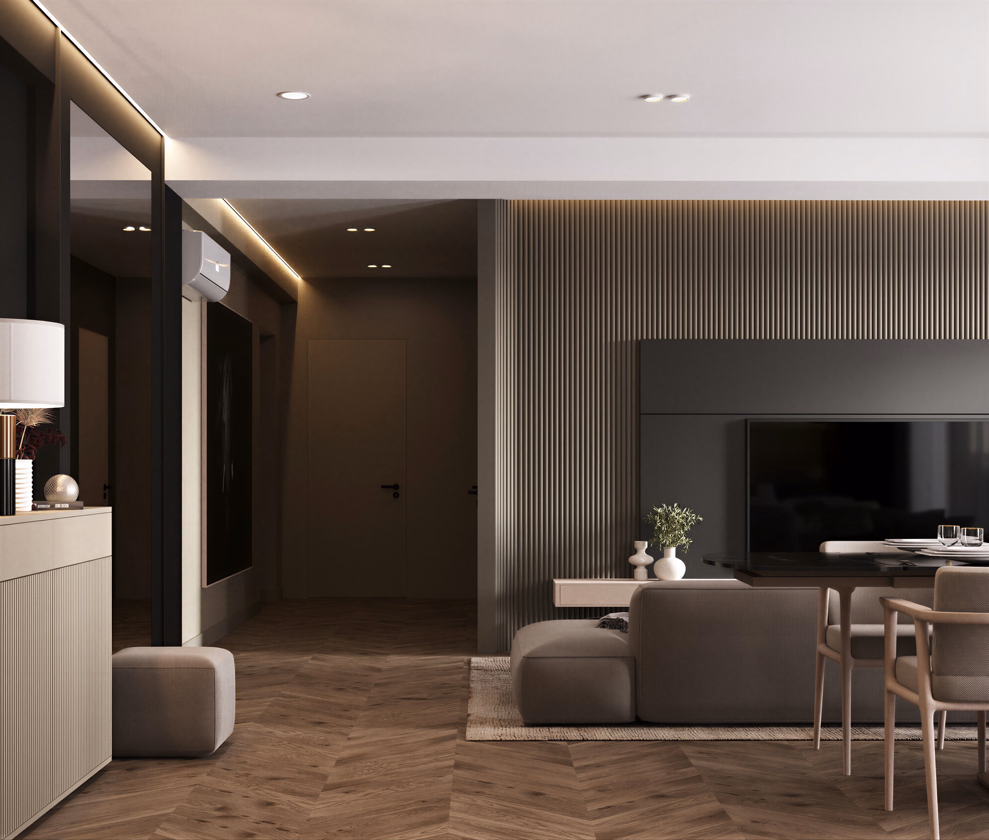 Dark Minimalist Apartment design interior – dormitor principal catifea, Design interior premium, desing interior minimalist București
