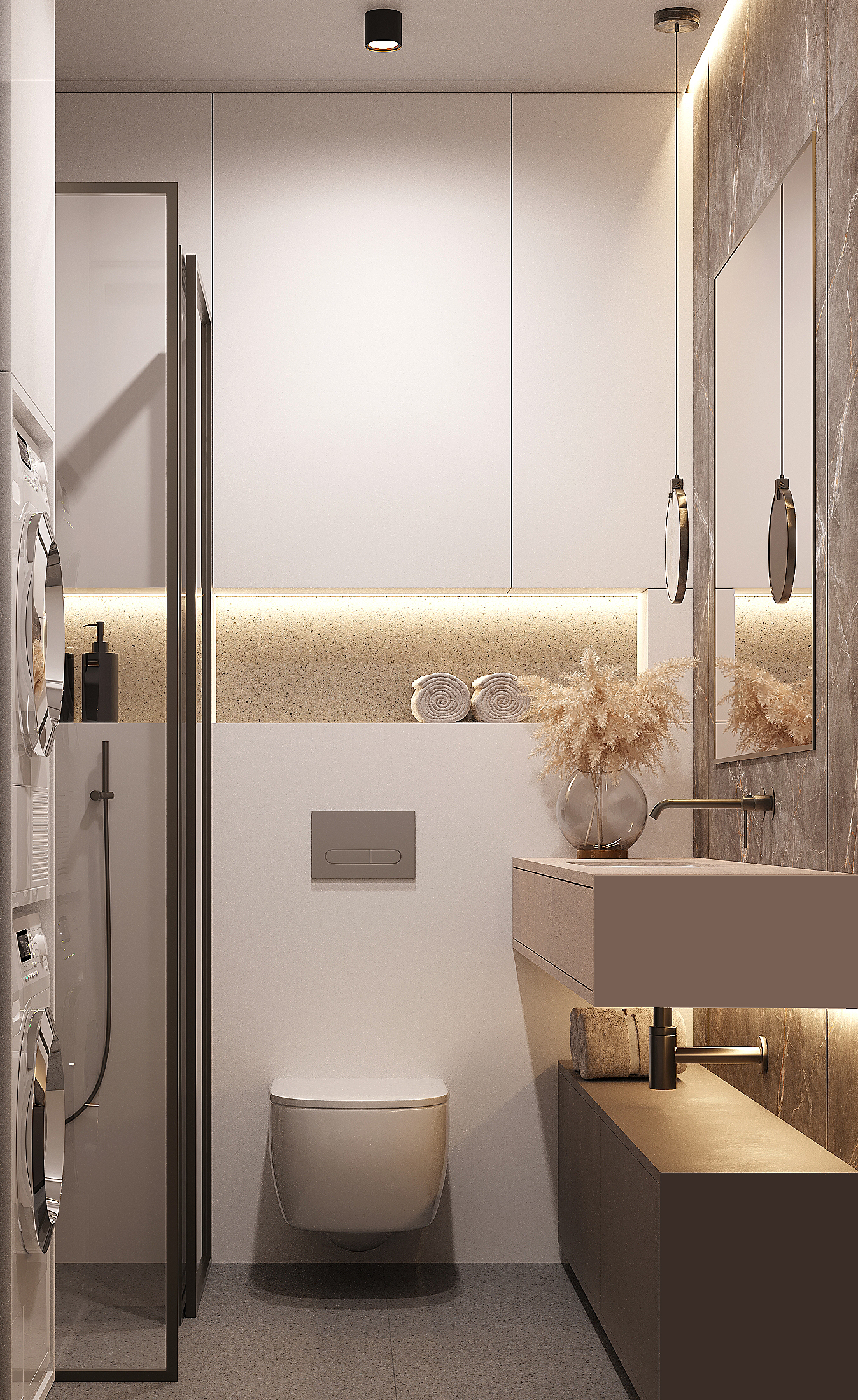 Dark Minimalist Apartment design interior – baie cu finisaje luxoase