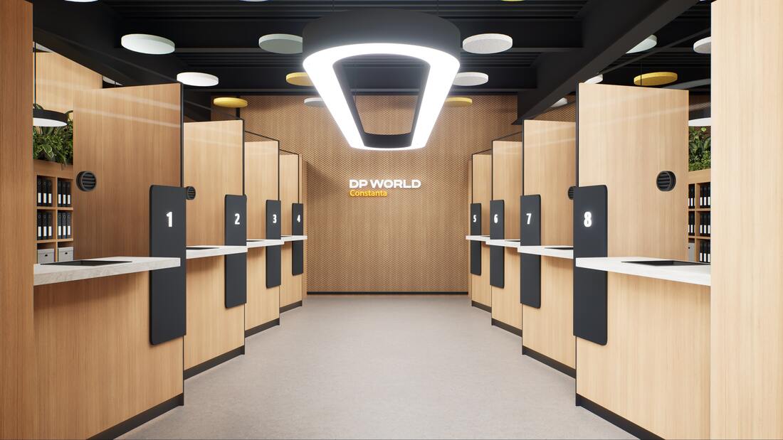 DP World Offices design interior – culoar cu iluminat indirect