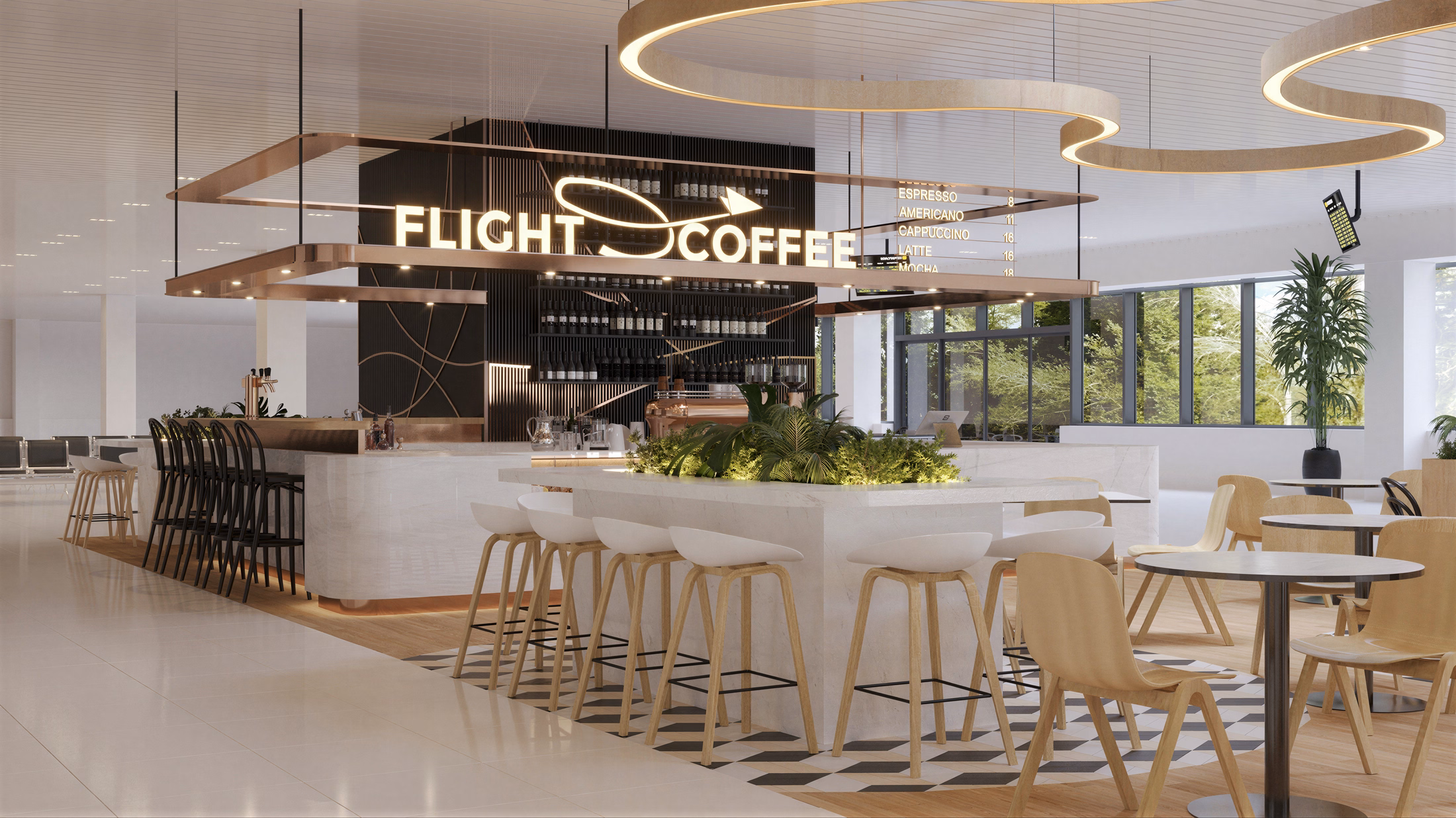 Flight Coffee Bistro design interior cafenea – contrast marmură și lemn cu accente bronz, design interior comercial București