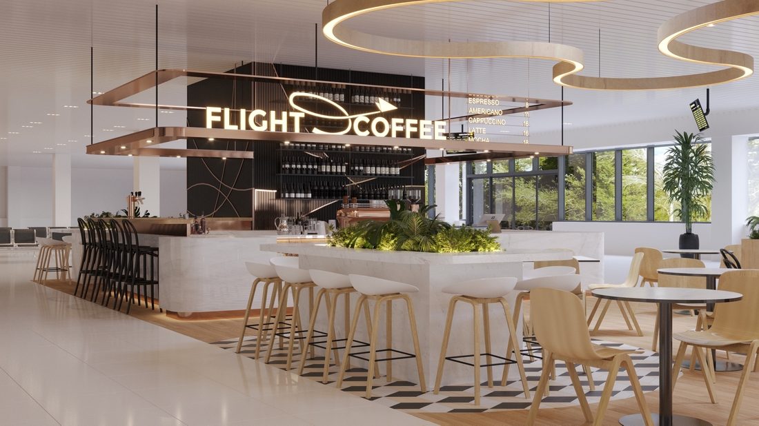 Flight Coffee Bistro design interior – contrast marmură și lemn cu accente bronz