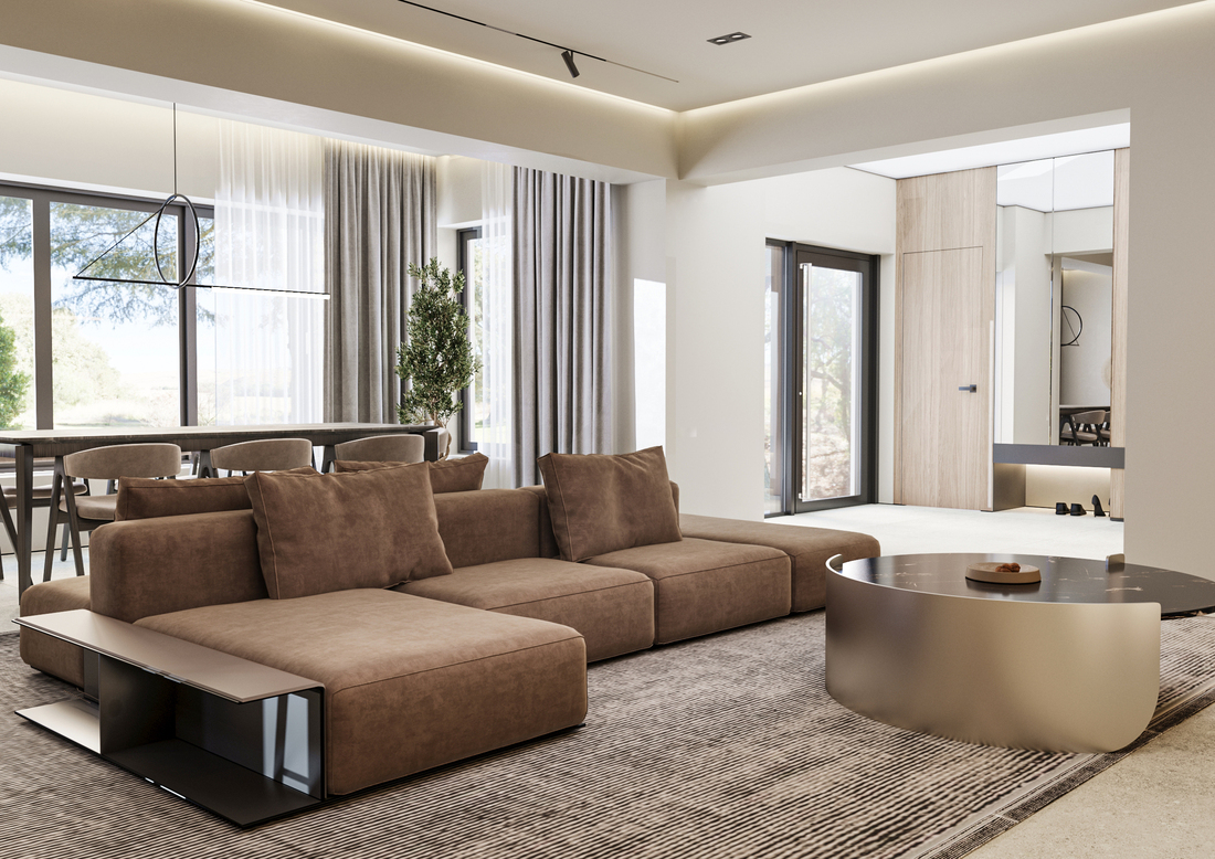 GV Minimalist House design interior – texturi calde și contraste subtile