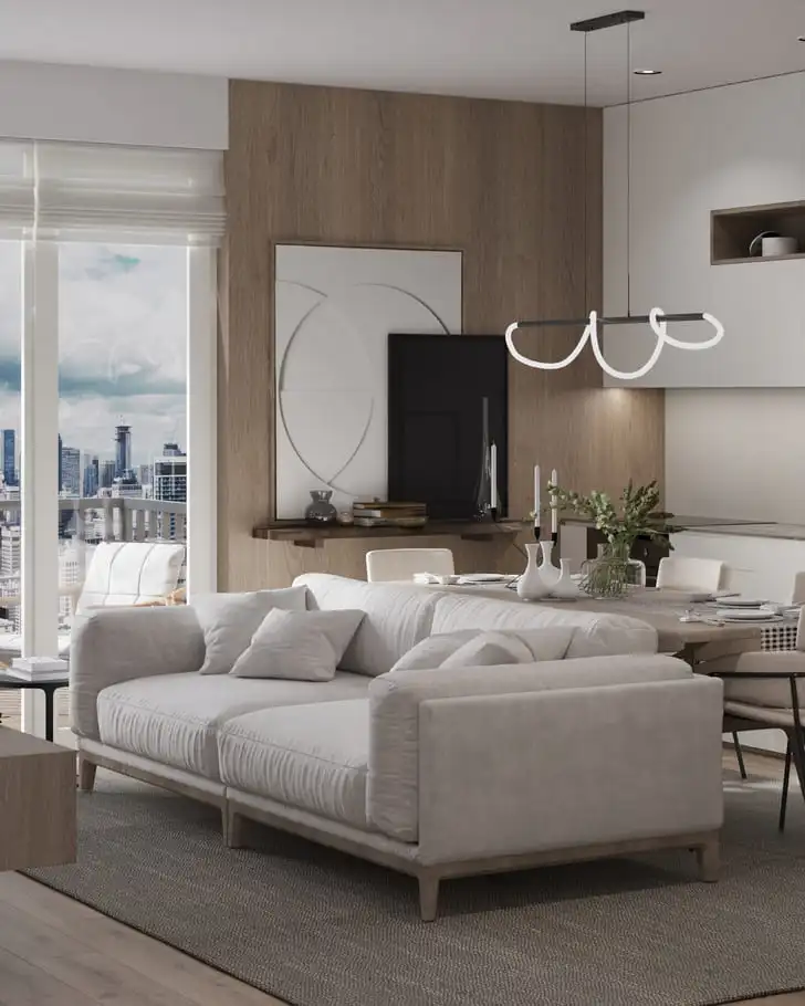 IC Apartment design interior – lemn high-end și oglinzi mari