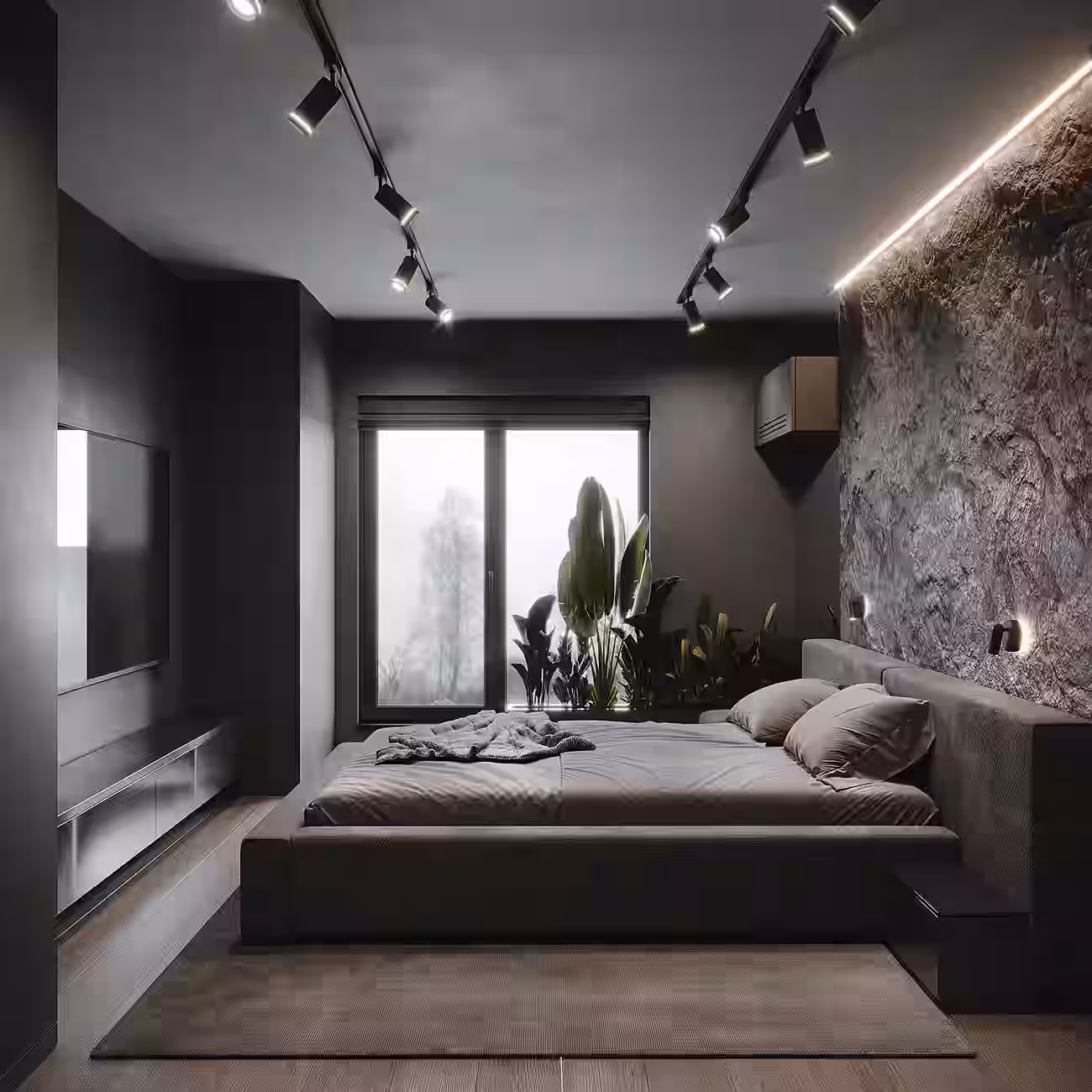 IRAM Dark Loft Apartment design interior – living cu lumină naturală, design interior masculin București