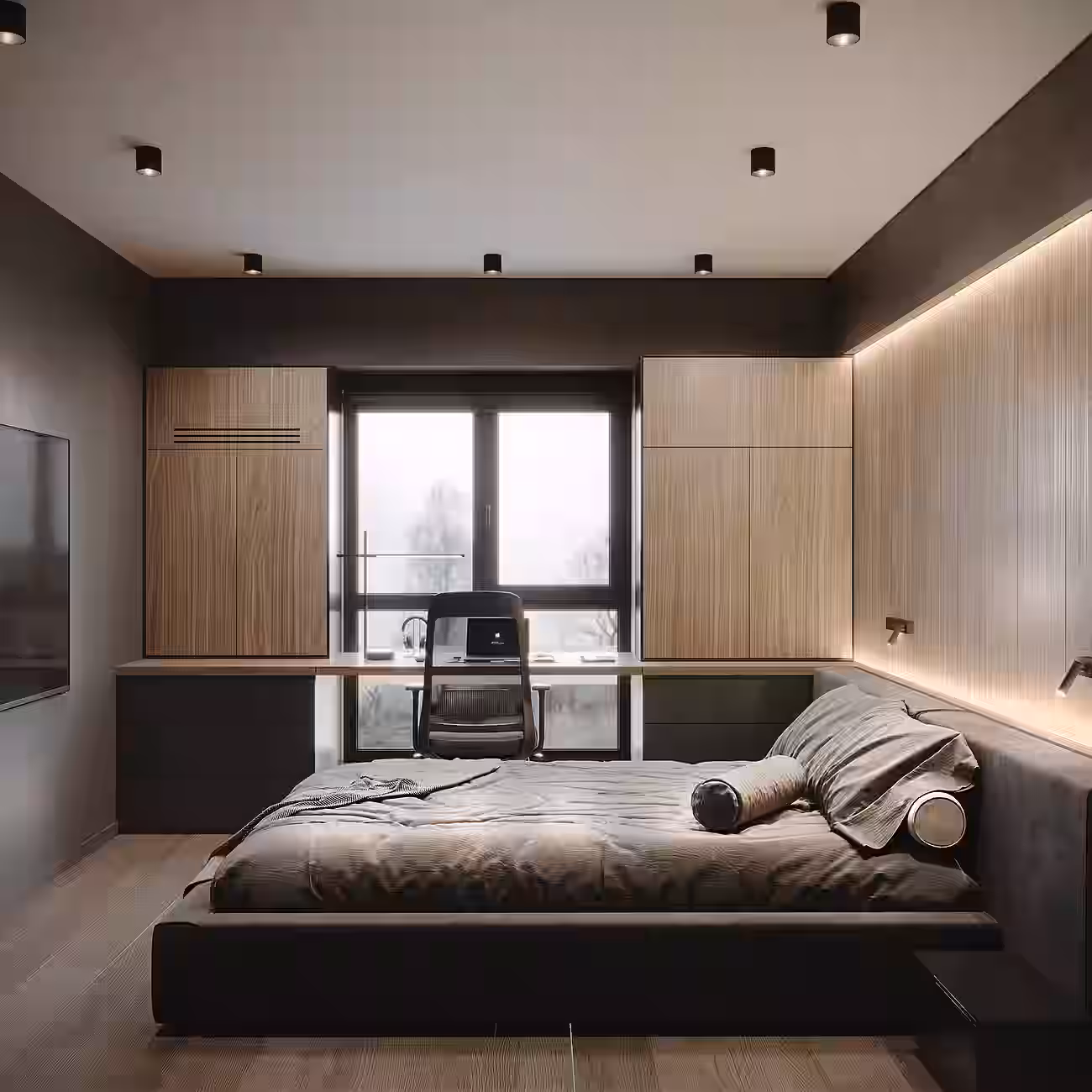 IRAM Dark Loft Apartment design interior – perspectivă generală living-dining, design interior masculin București