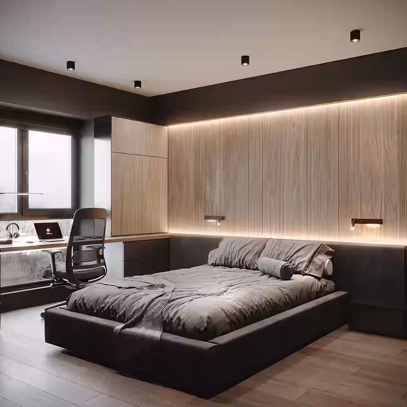 IRAM Dark Loft Apartment design interior – contrast texturi lemn, metal și beton, design interior masculin București