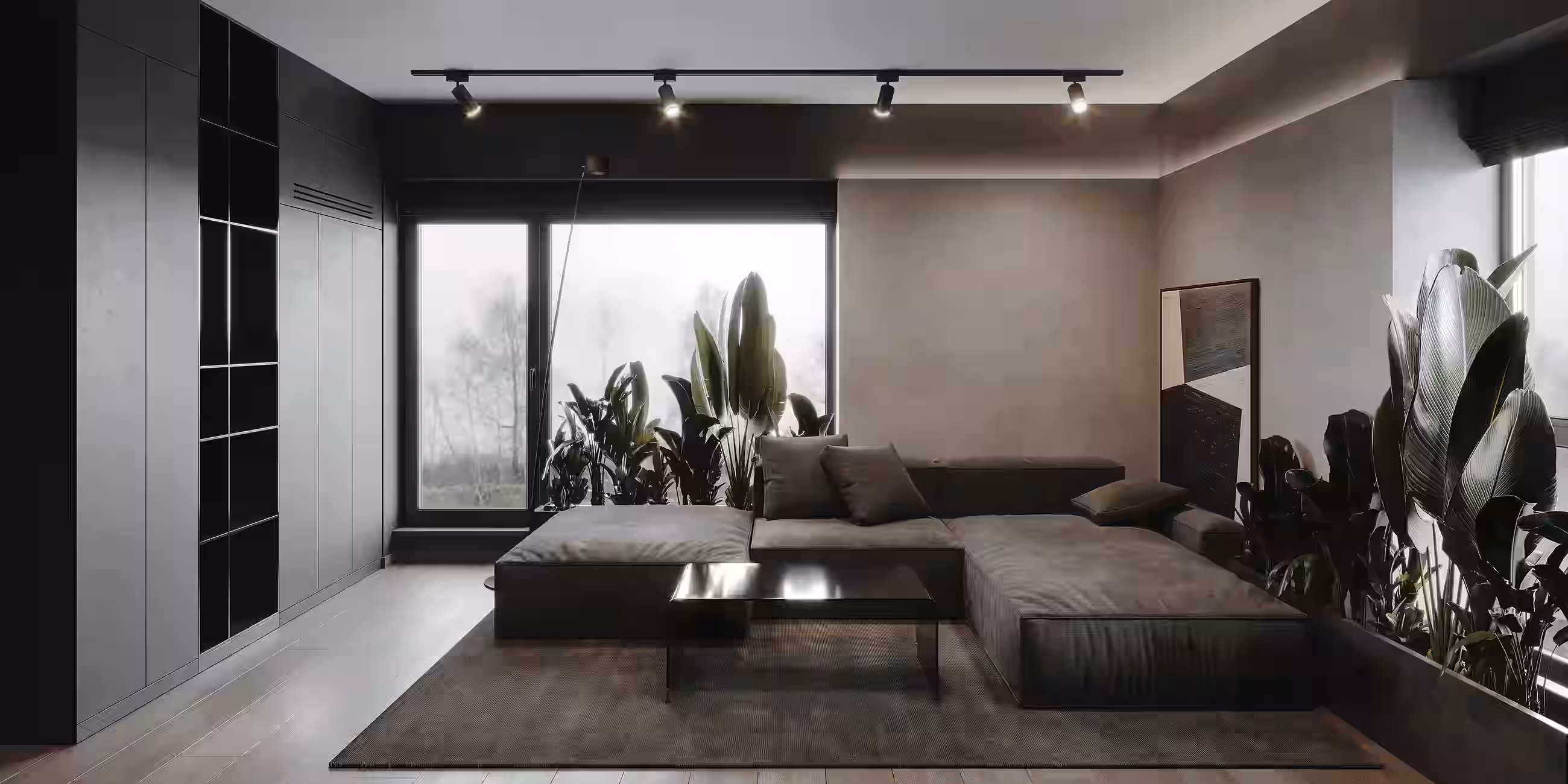 IRAM Dark Loft Apartment design interior – zonă de living industrial, design interior masculin București