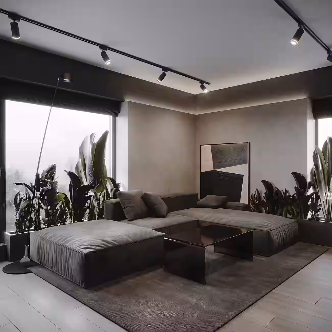 IRAM Dark Loft Apartment design interior – bucătărie open space cu insulă neagră, design interior masculin București