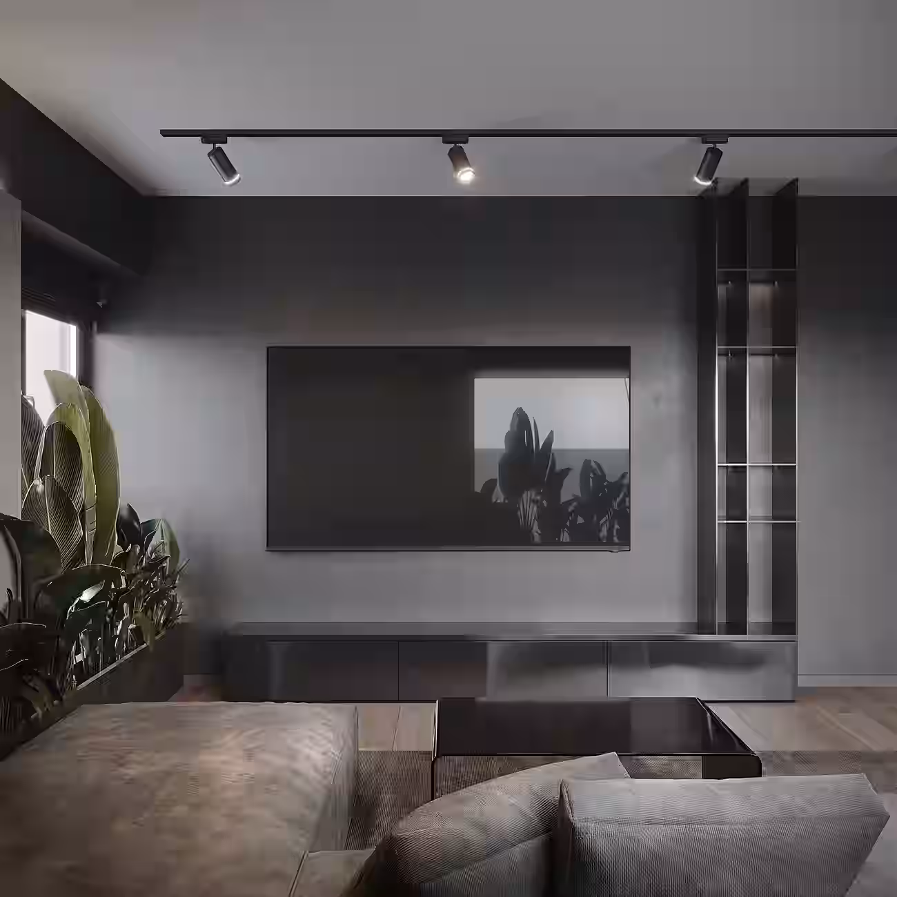 IRAM Dark Loft Apartment design interior – dormitor principal în tonuri închise, design interior masculin București