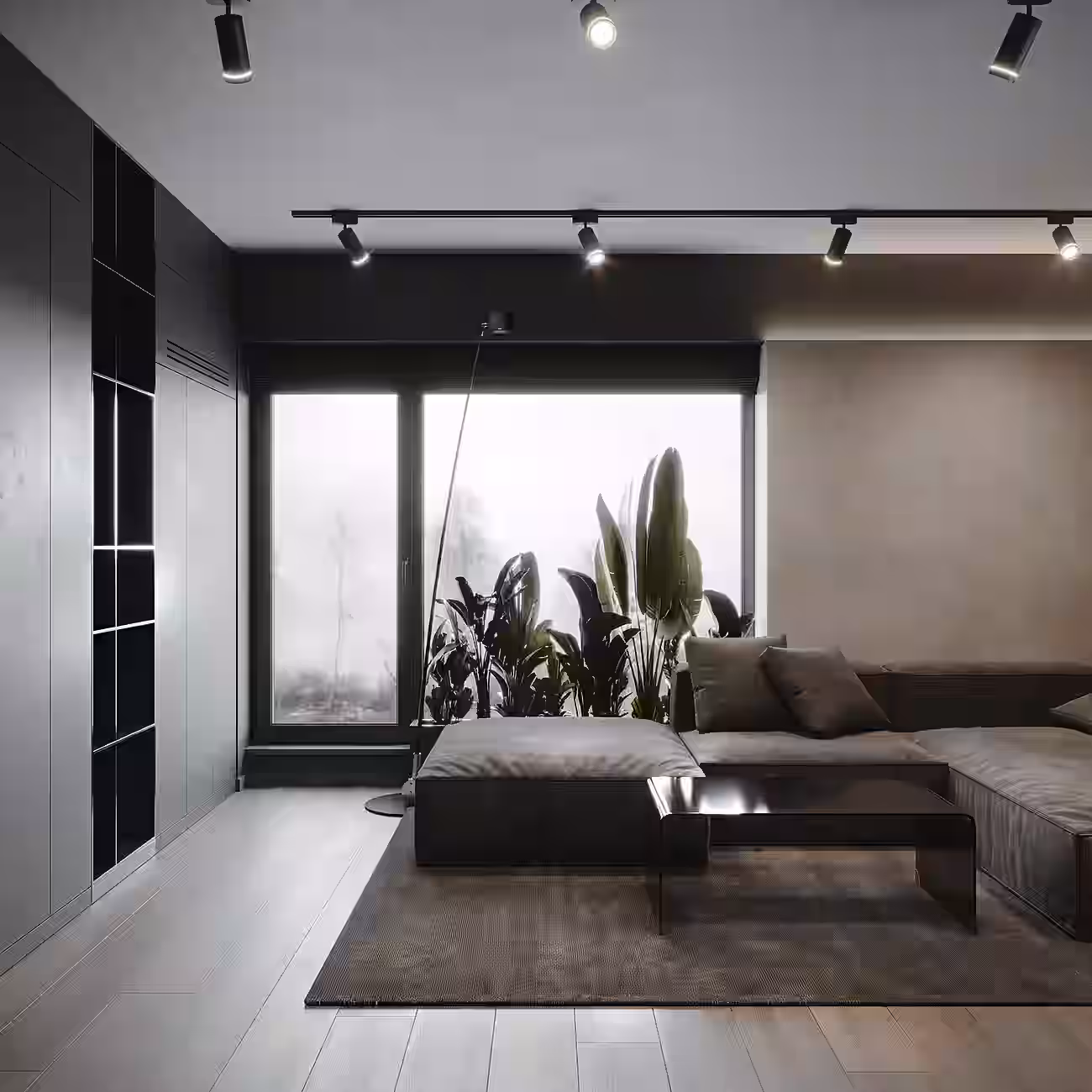 IRAM Dark Loft Apartment design interior – iluminat industrial suspendat, design interior masculin București