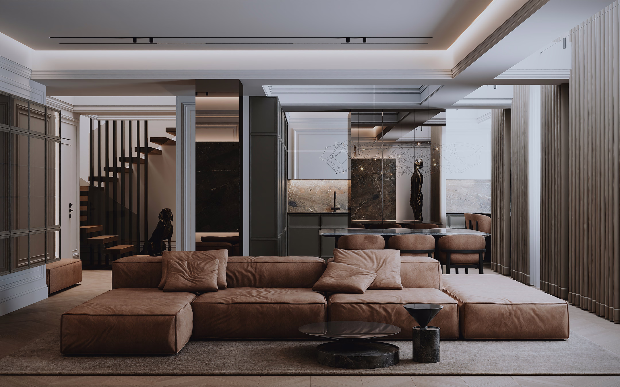 Midnight Classic Duplex design interior București – living room, Design interior premium, design interior modern clasic