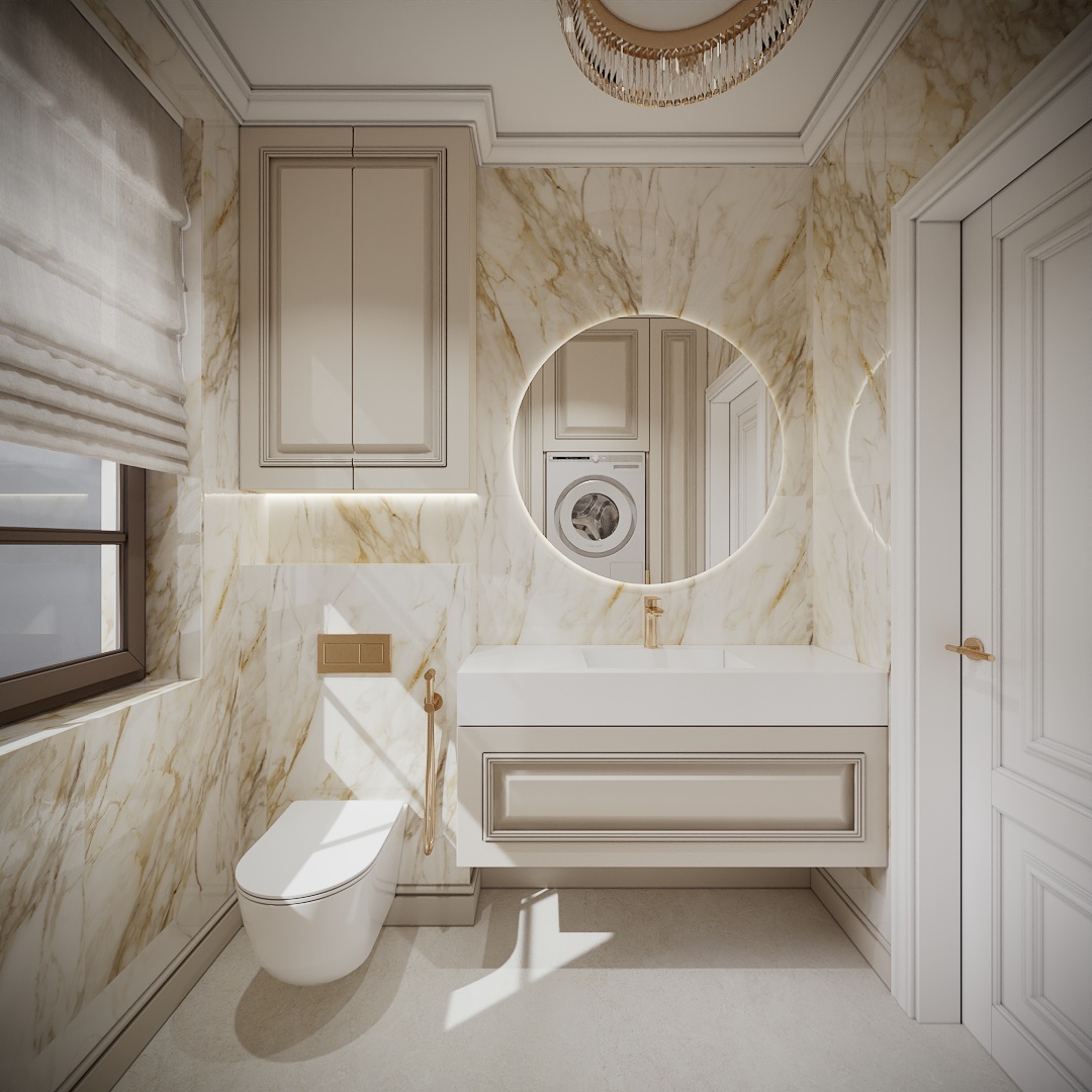Modern Classic Luxury Villa design interior – baie de serviciu cu marmură, oglindă rotundă și armături din alamă, design interior premium Constanța