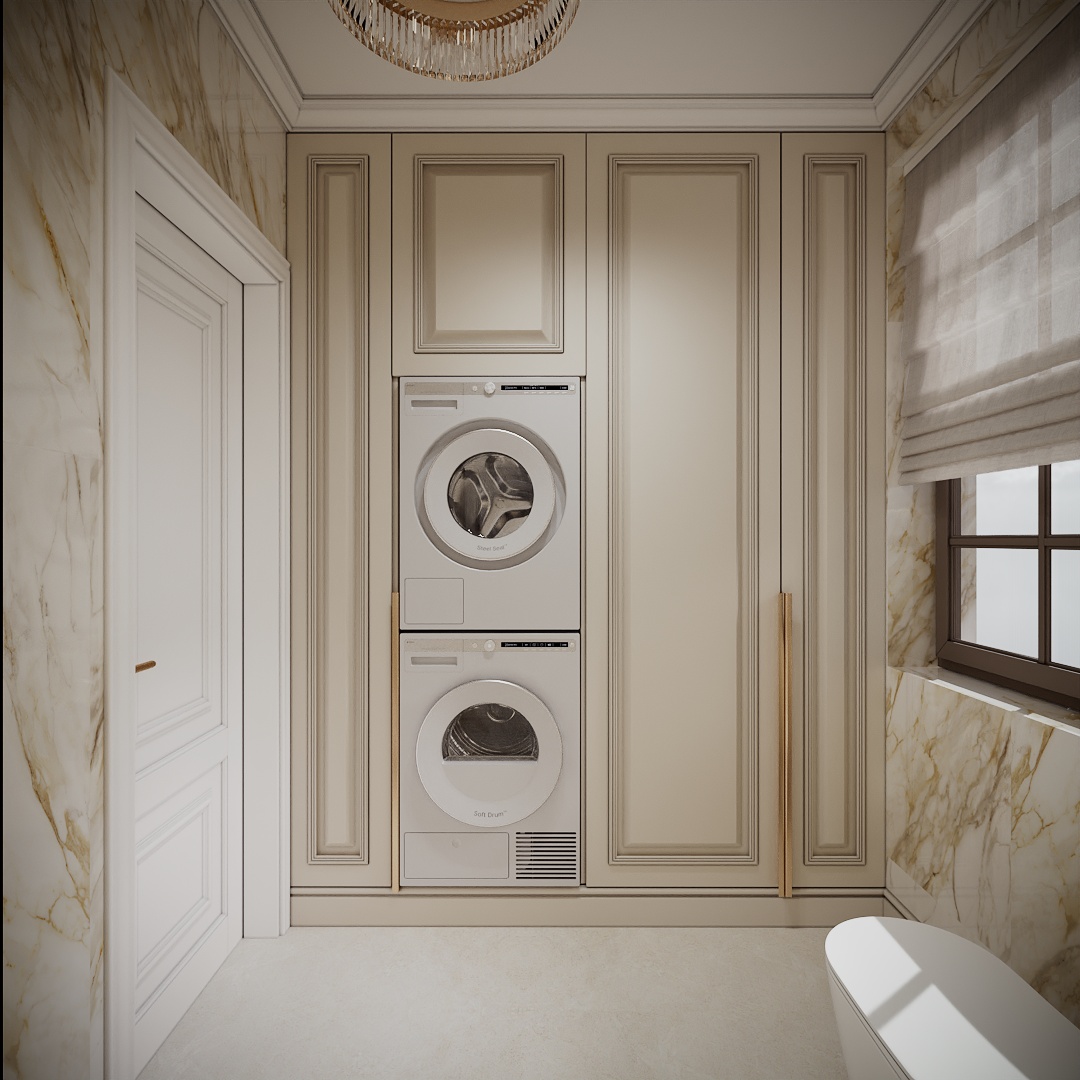 Modern Classic Luxury Villa design interior – spălătorie cu mașini încorporate în dulapuri cu boiserie, design interior premium Constanța