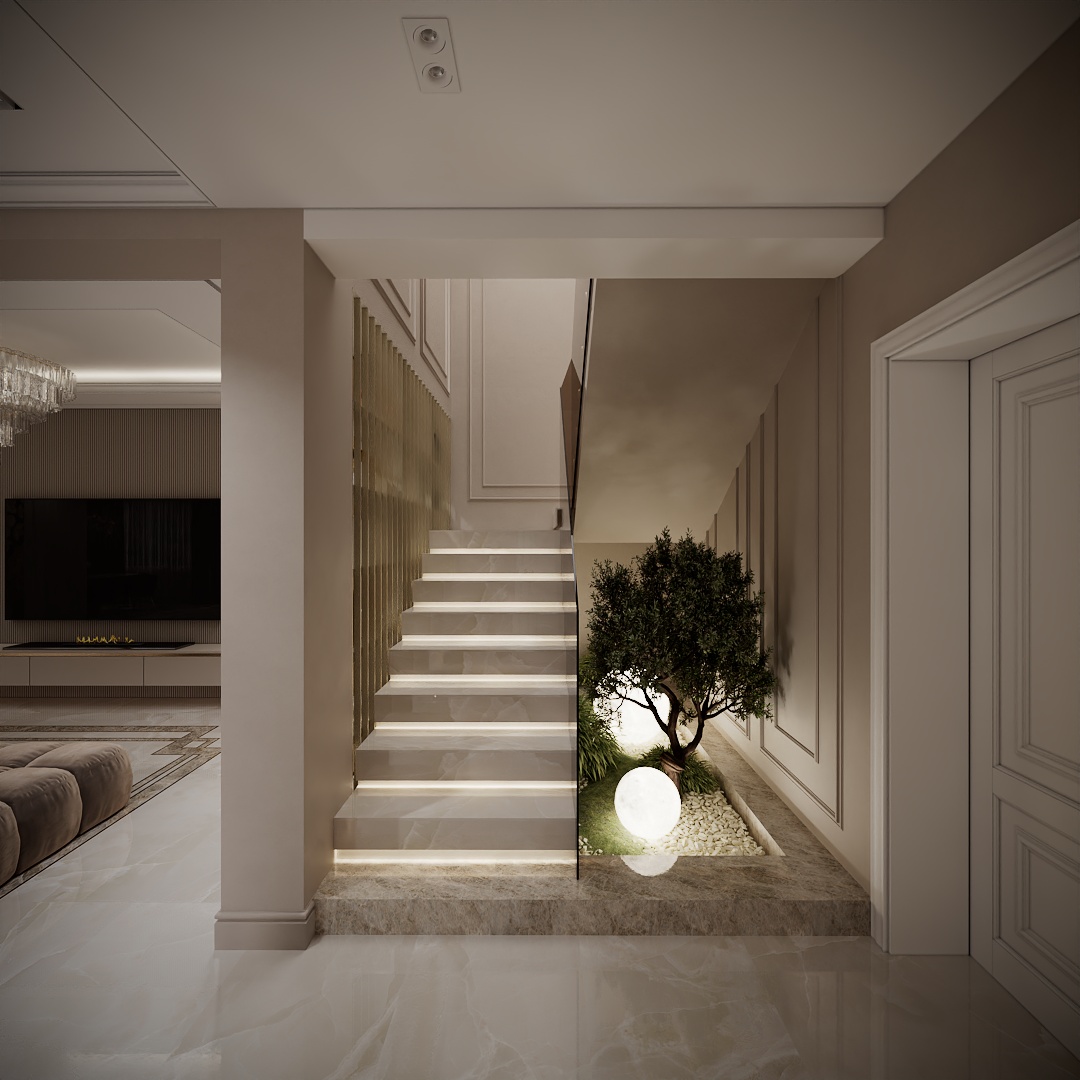 Modern Classic Luxury Villa design interior – scară cu trepte luminate și grădină interioară cu copac decorativ, design interior premium Constanța
