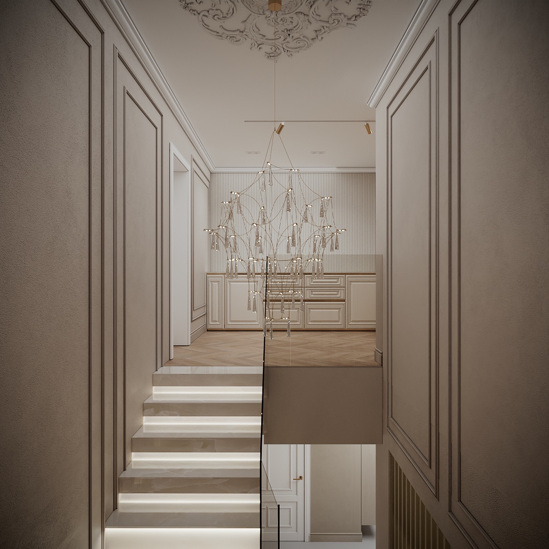 Modern Classic Luxury Villa design interior – hol cu candelabru din cristal, scară și dulap cu sertare, design interior premium Constanța