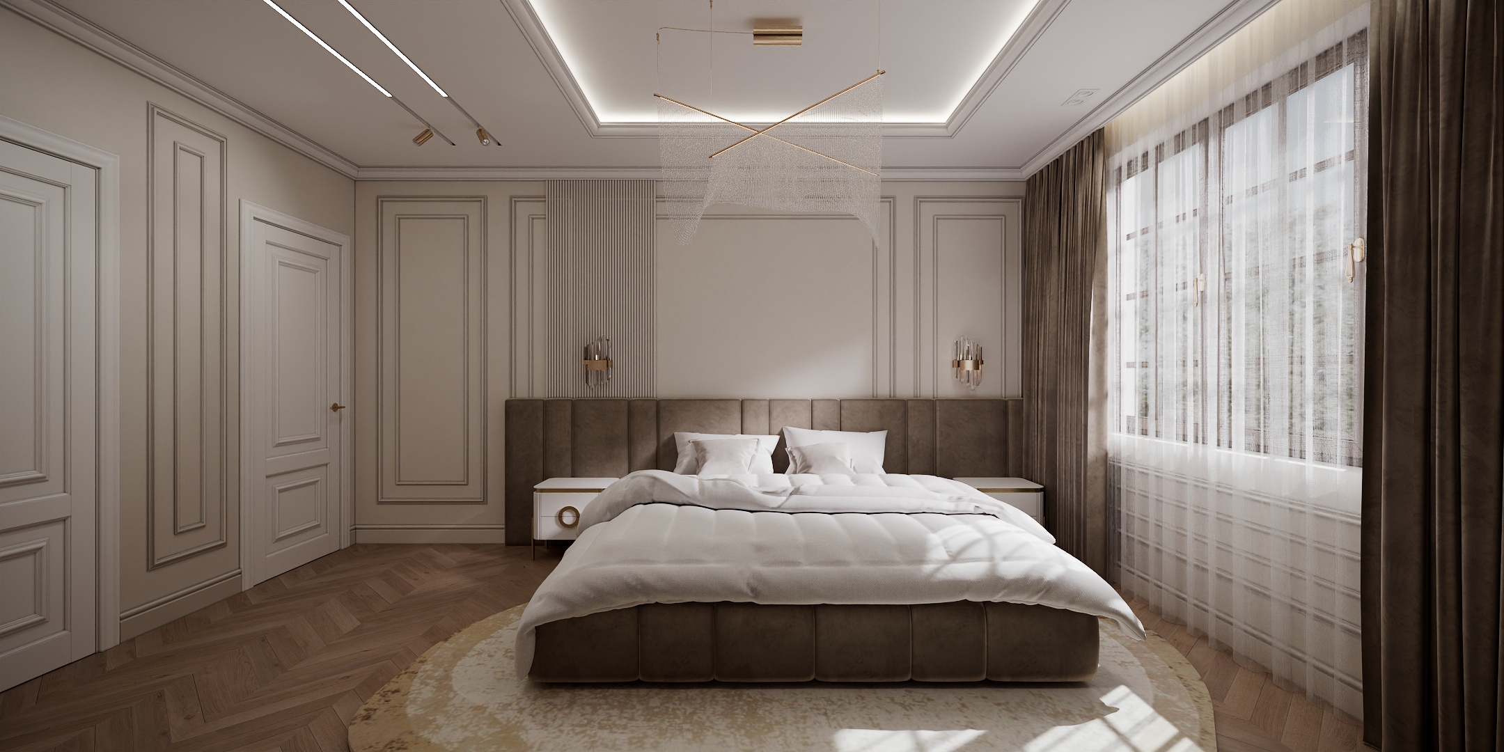 Modern Classic Luxury Villa design interior – dormitor cu pat tapițat, parchet în spic și iluminat indirect, design interior premium Constanța