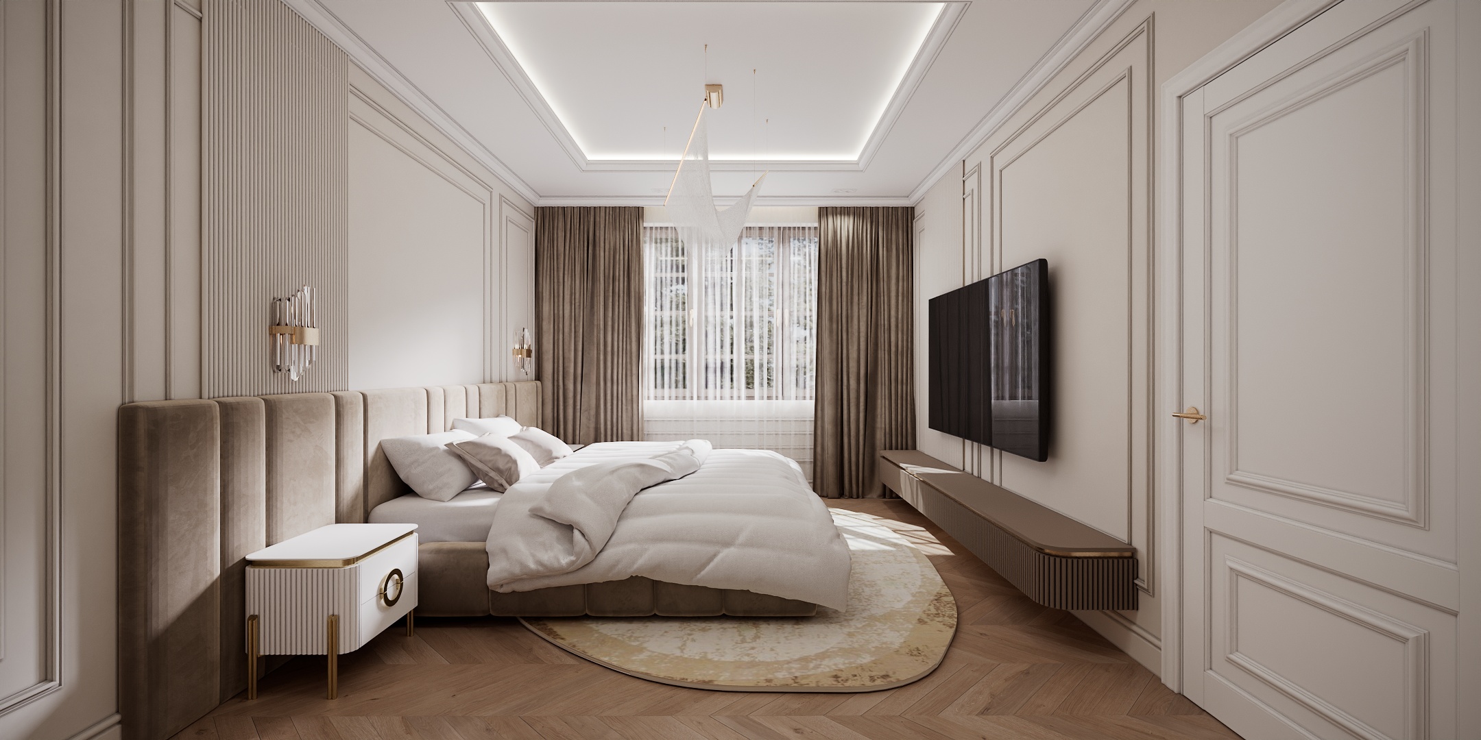 Modern Classic Luxury Villa design interior – dormitor cu tăblie tapițată, comodă suspendată și covor oval, design interior premium Constanța