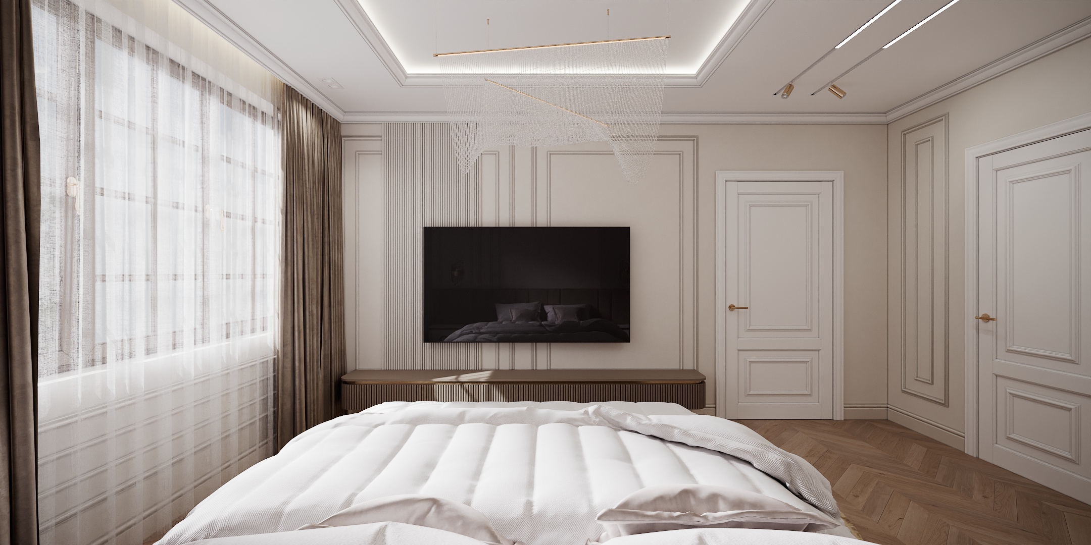 Modern Classic Luxury Villa design interior – dormitor cu perete TV, boiserie și parchet în spic, design interior premium Constanța