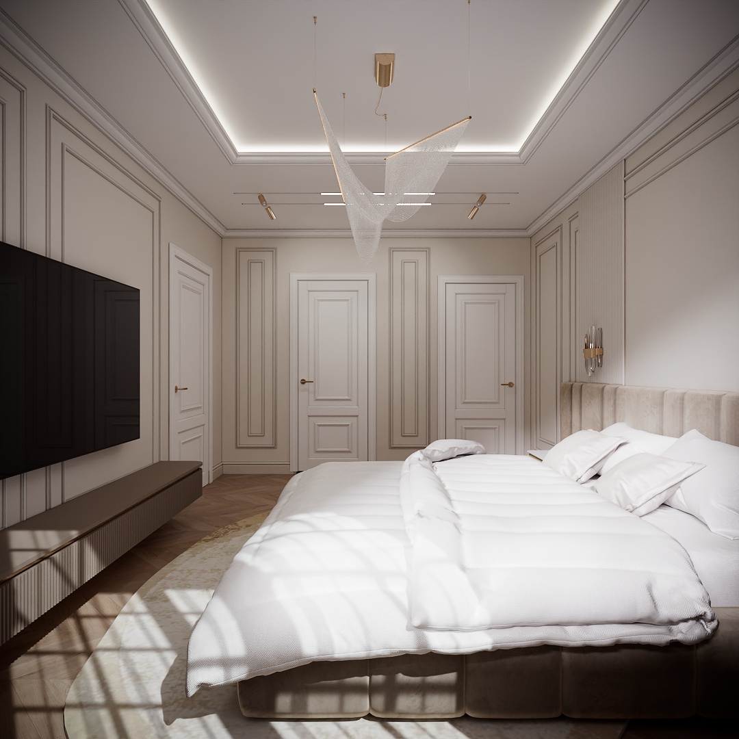 Modern Classic Luxury Villa design interior – dormitor cu perete cu boiserie și așternuturi albe, design interior premium Constanța