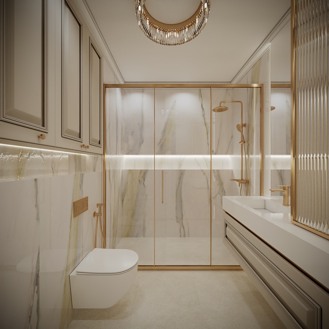 Modern Classic Luxury Villa design interior – baie cu marmură, cabină de duș cu profile aurii și lavoar suspendat, design interior premium Constanța