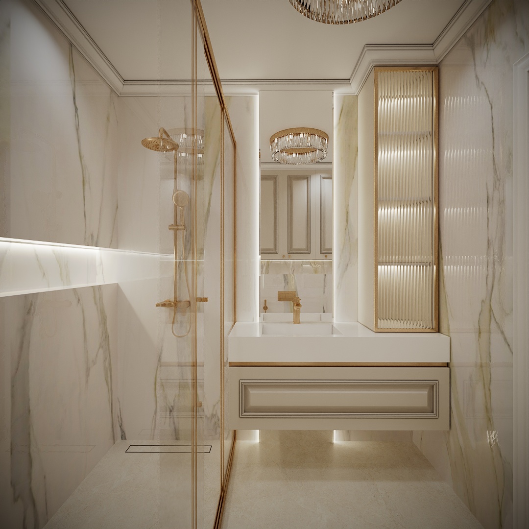 Modern Classic Luxury Villa design interior – baie cu marmură, duș cu armături aurii și nișă luminată, design interior premium Constanța
